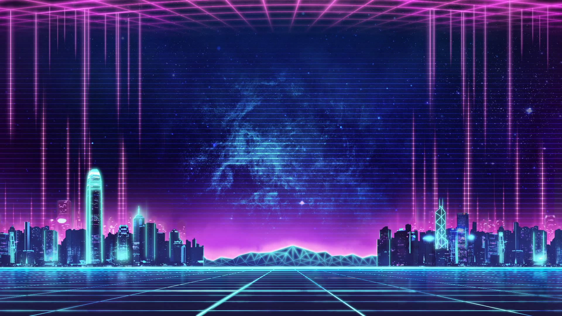 Synthwave, cyberpunk cityscape, neon-drenched, Full HD Desktop Wallpaper