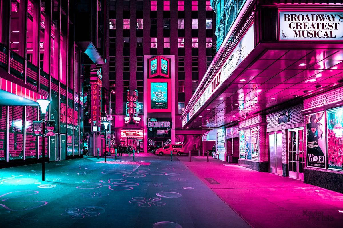 neon pink, teal, bustling Broadway theater district, SD Desktop Wallpaper