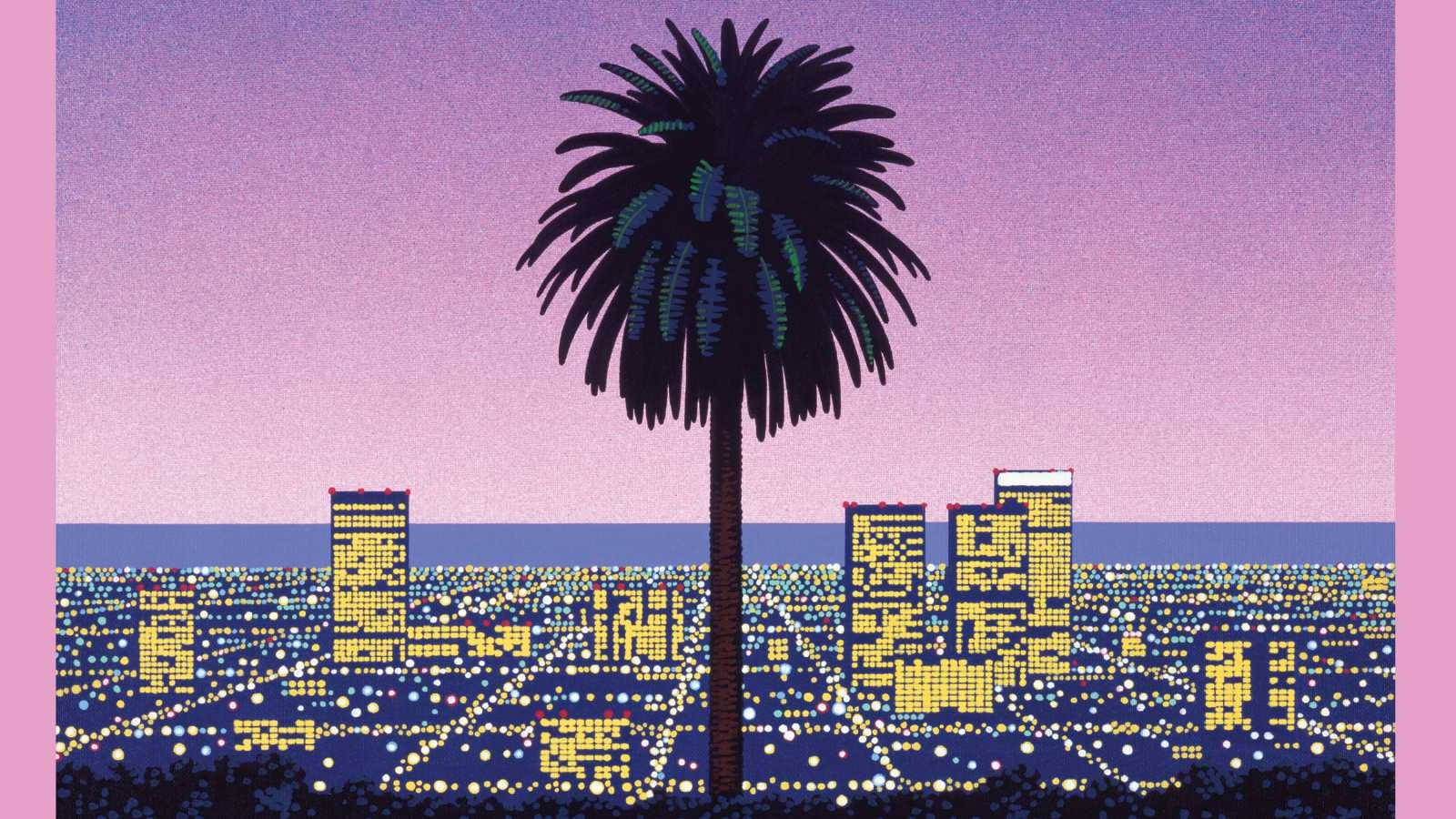 Japanese Aesthetic Vaporwave City, purple twilight sky, glowing pixelated cityscape, HD Desktop Wallpaper