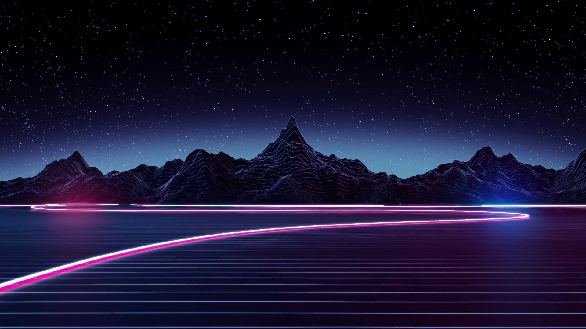 Synthwave, neon pink, blue glowing lines, Full HD Desktop Wallpaper