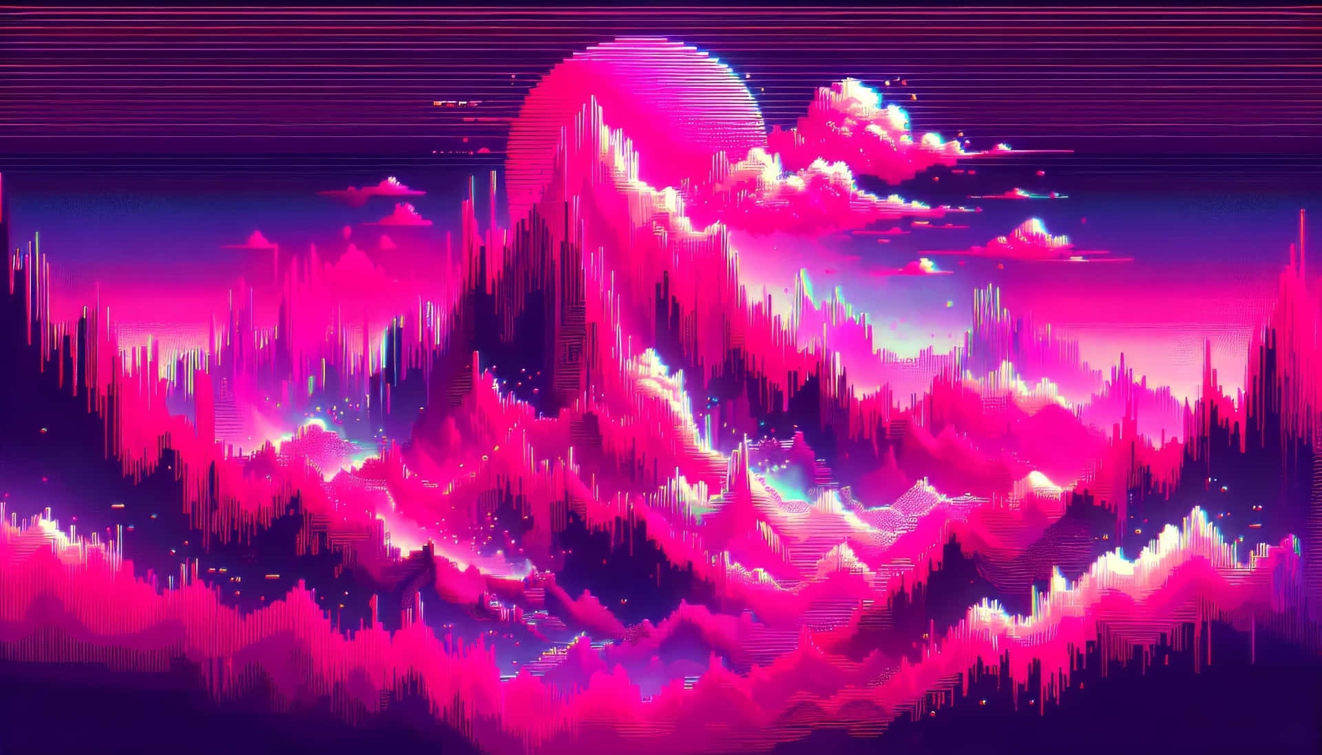 neon pink, purple glitch art, jagged digital mountains, Full HD Desktop Wallpaper