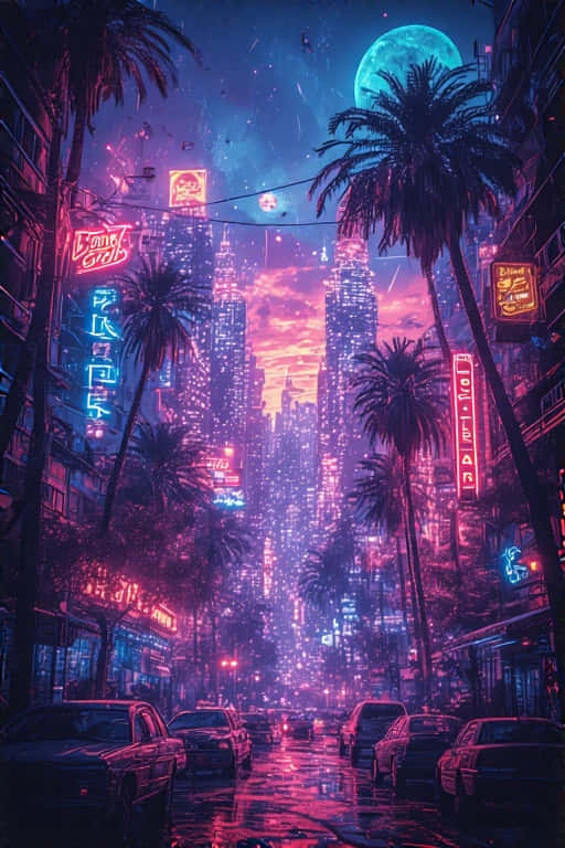 neon-drenched cyberpunk street, palm trees glowing under a giant moon, rain-slicked pavement, SD Phone Wallpaper