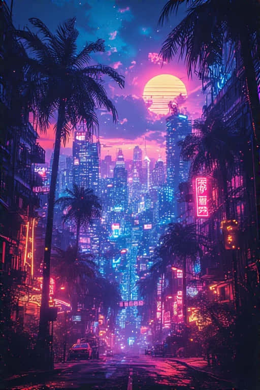 neon lights, palm trees, 80s vibe, SD Phone Wallpaper