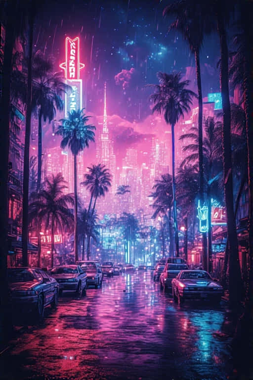 neon signs, palm trees, rain slicked street, SD Phone Wallpaper