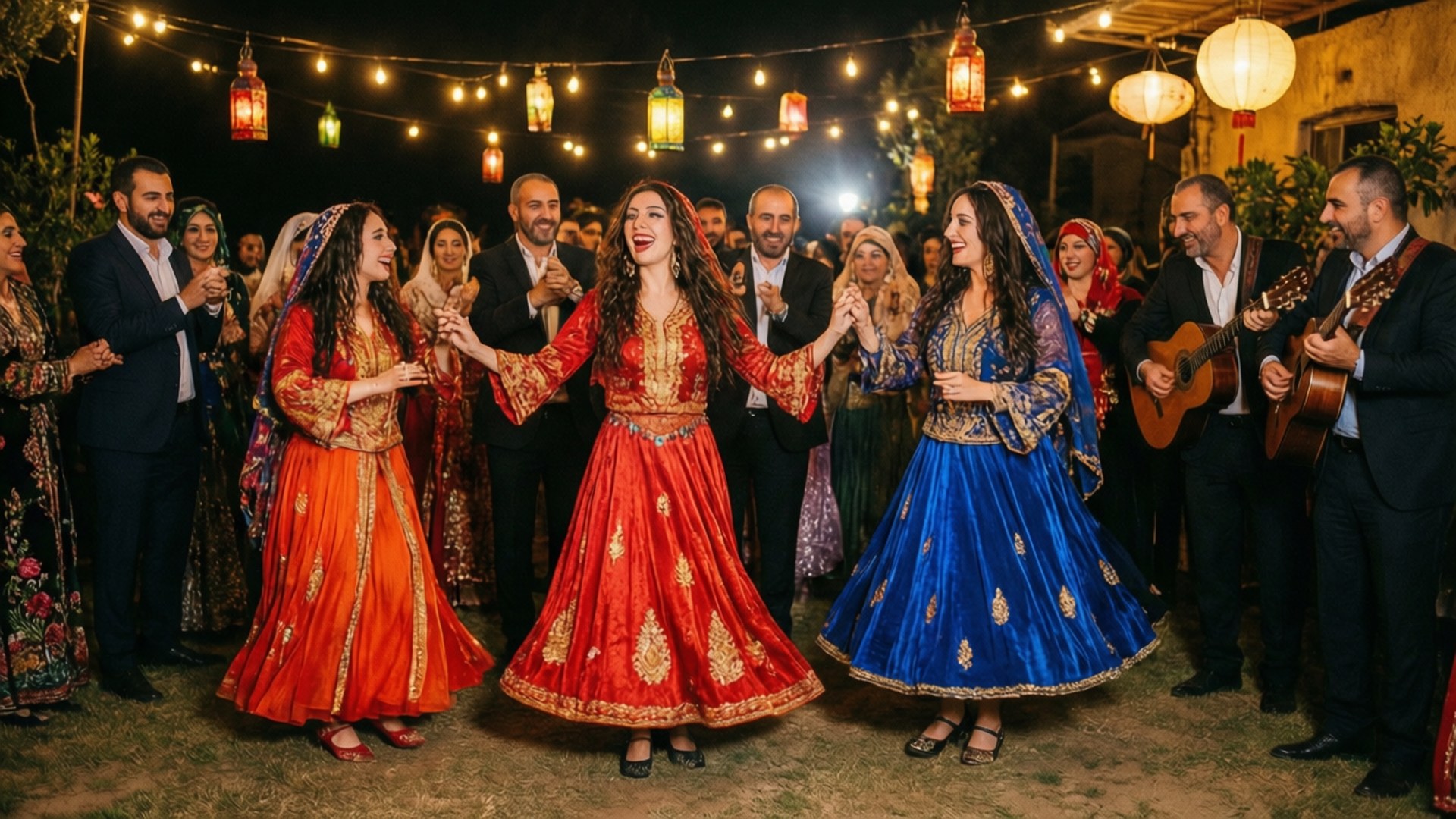 Syrian wedding, vibrant traditional dresses, string lights, Full HD Desktop Wallpaper