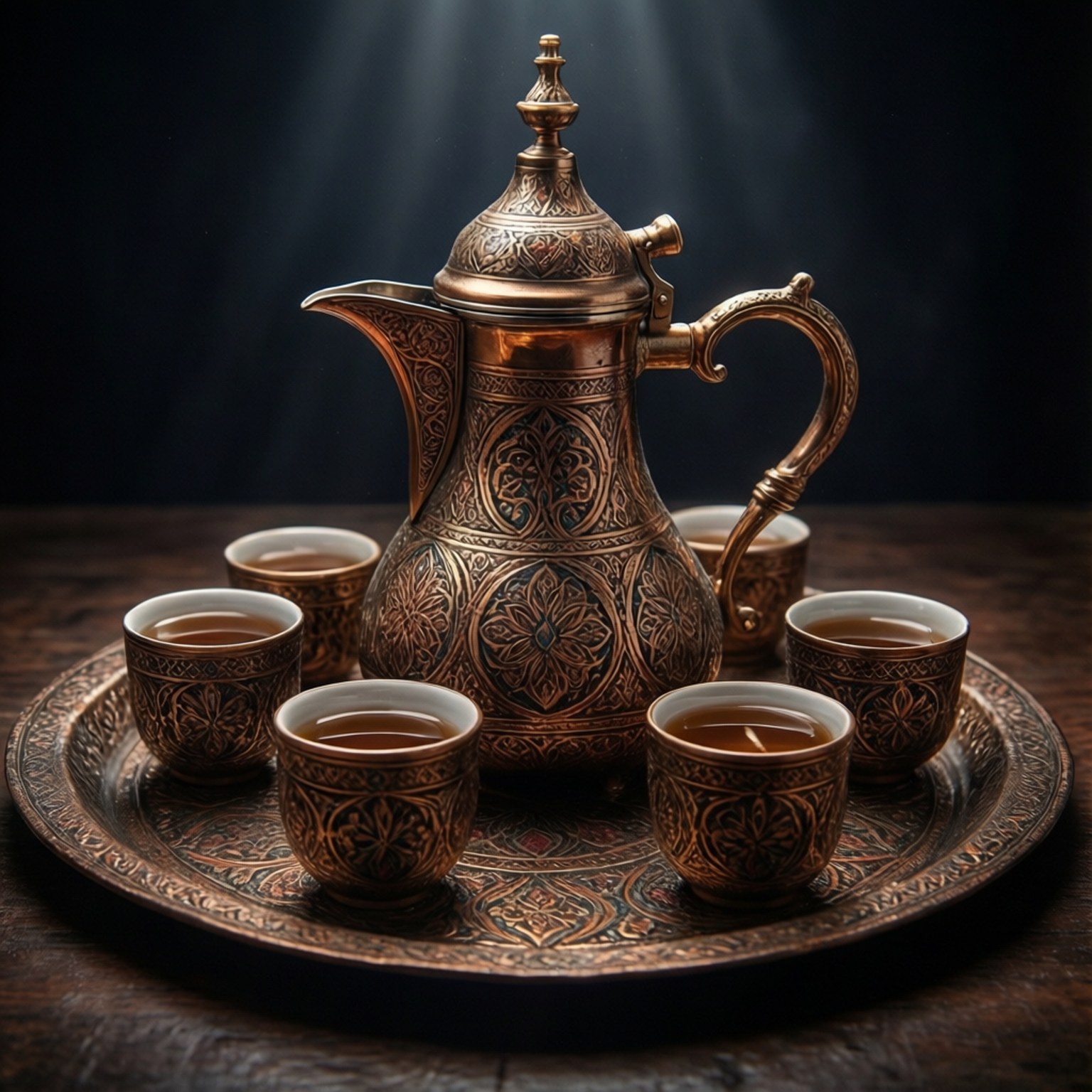 Syrian coffee ritual, brass tea set, intricate floral engravings, HD Desktop Wallpaper