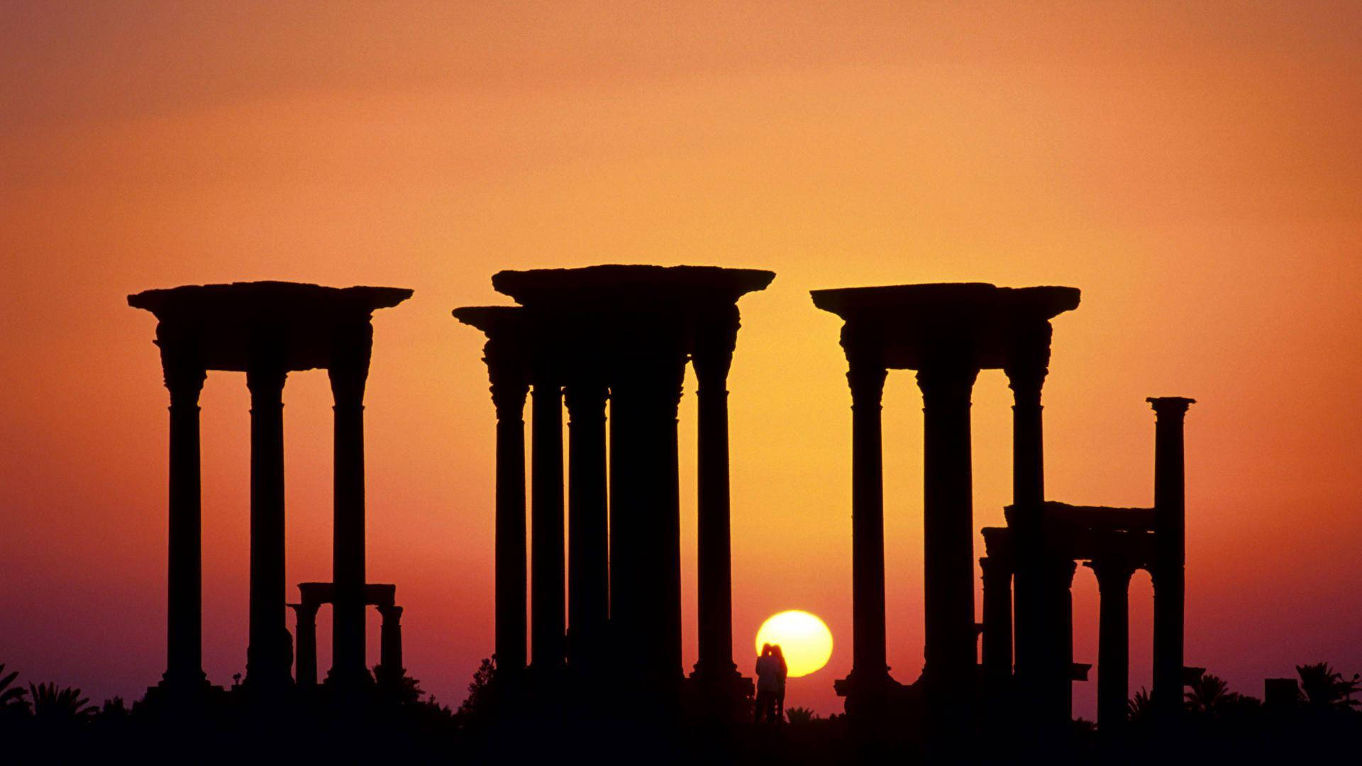 Sunset, ancient temple columns, fiery orange sunset, Full HD Desktop Wallpaper
