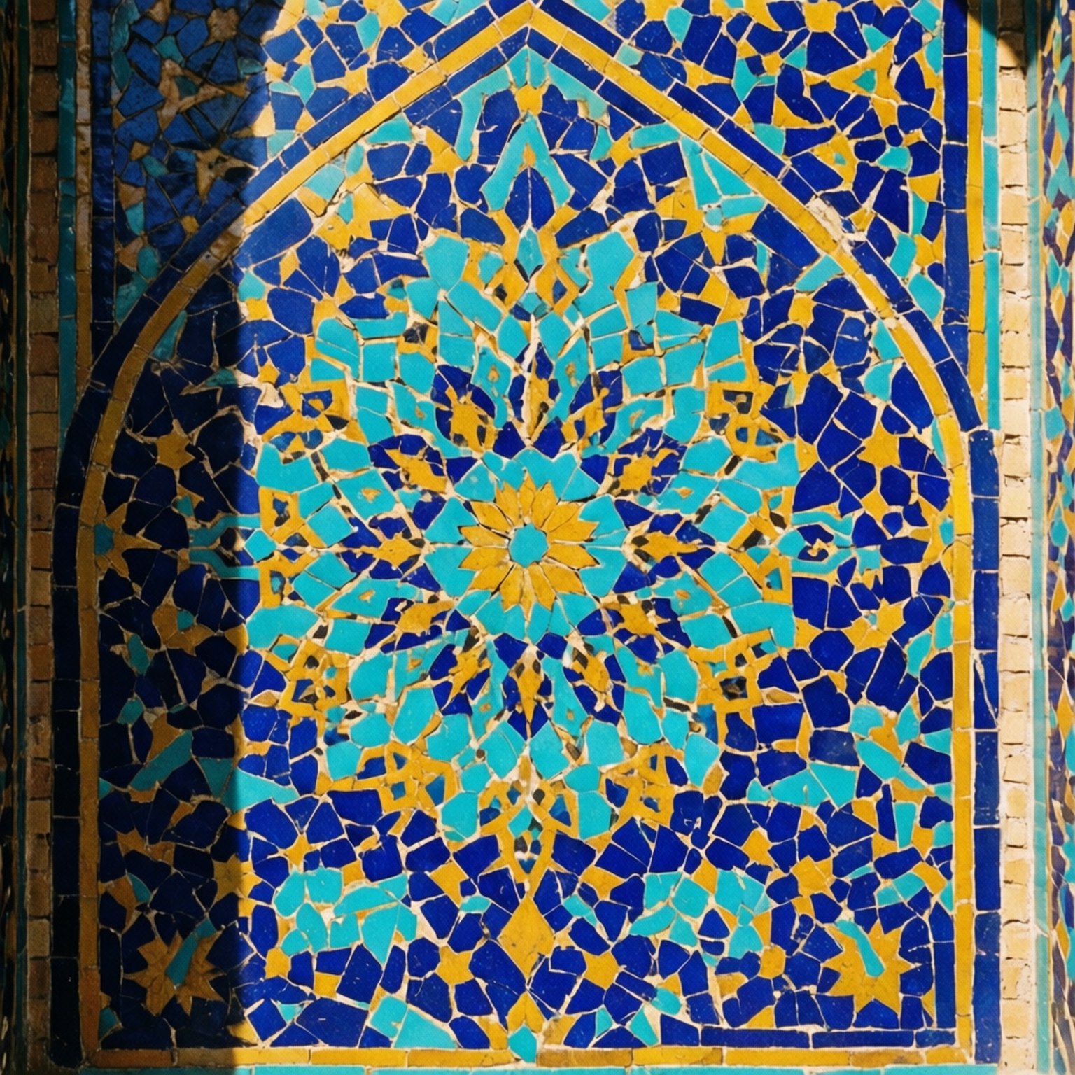 Syrian mosaic pattern, blue and gold mosaic tile arch, intricate geometric patterns, HD Desktop Wallpaper