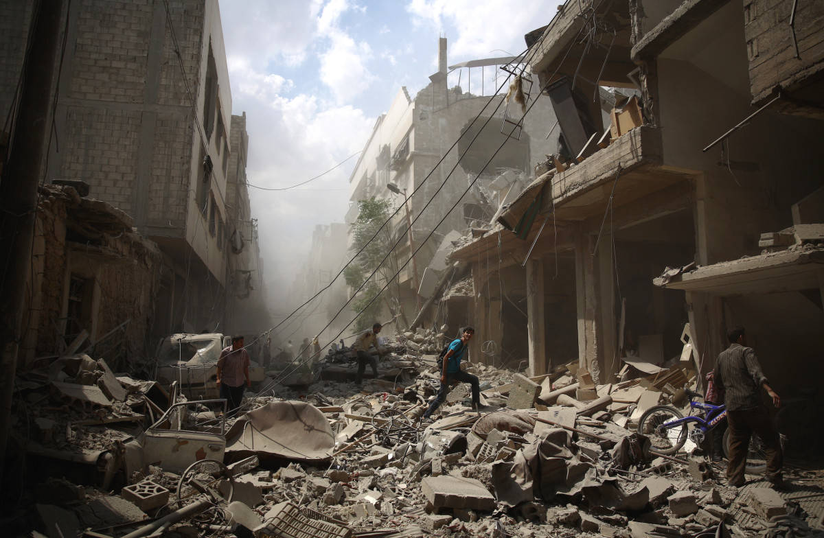 Syria, sunlit urban street, rubble, SD Desktop Wallpaper