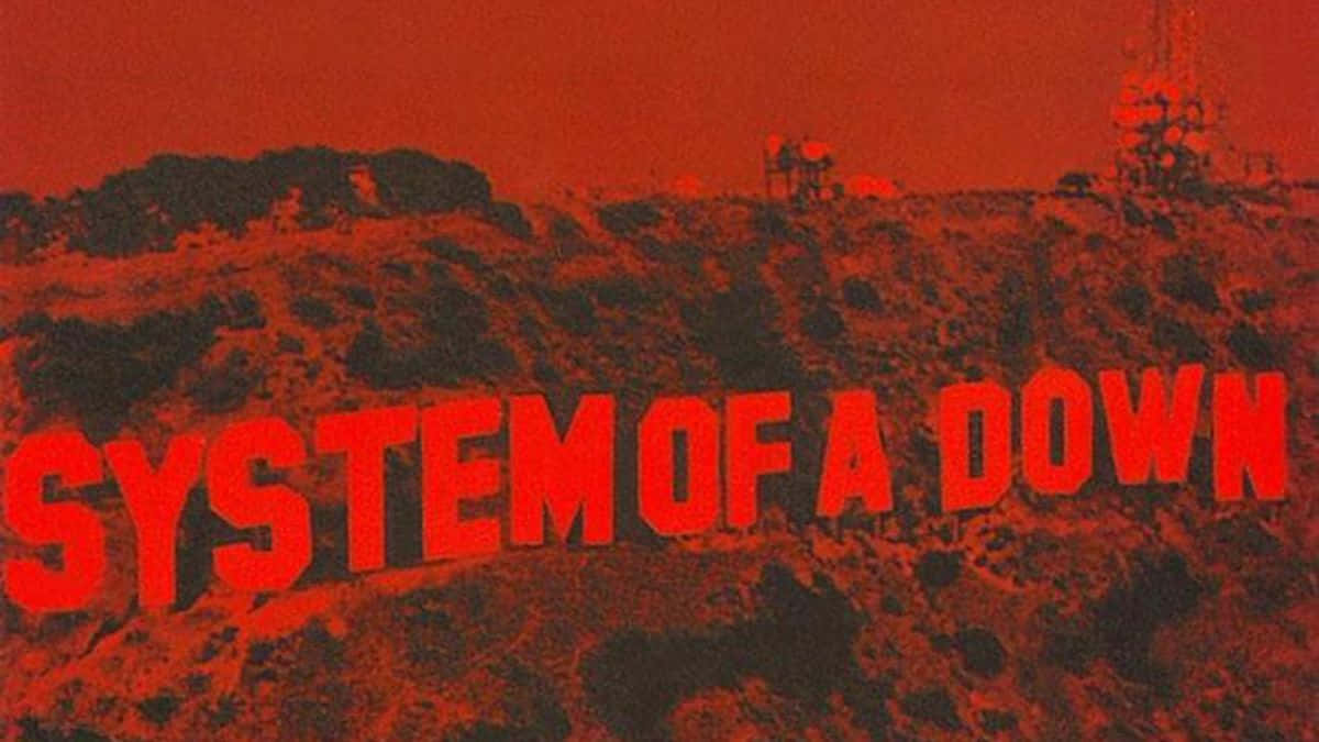 System of a Down, red text, rugged hillside, SD Desktop Wallpaper