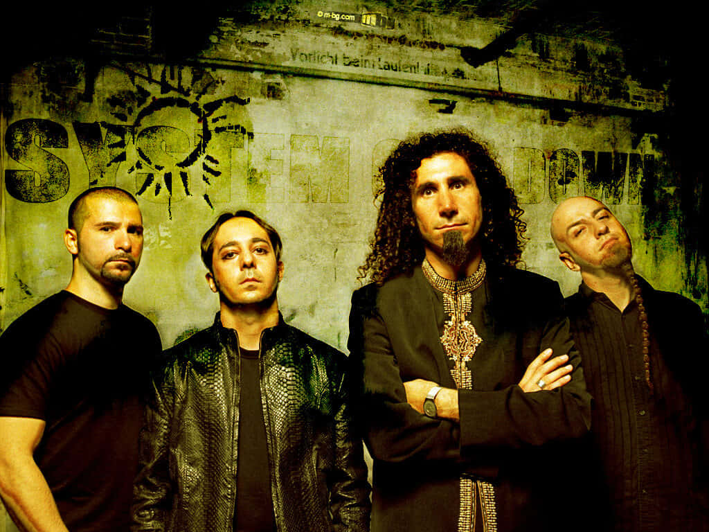 System of a Down, graffiti-covered wall, Four men, SD Desktop Wallpaper