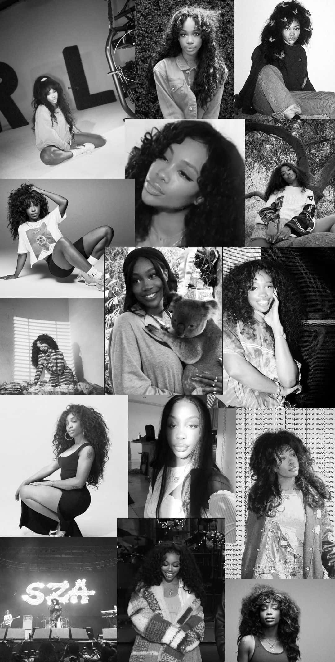SZA, black and white photo collage, curly hair, Full HD Phone Wallpaper