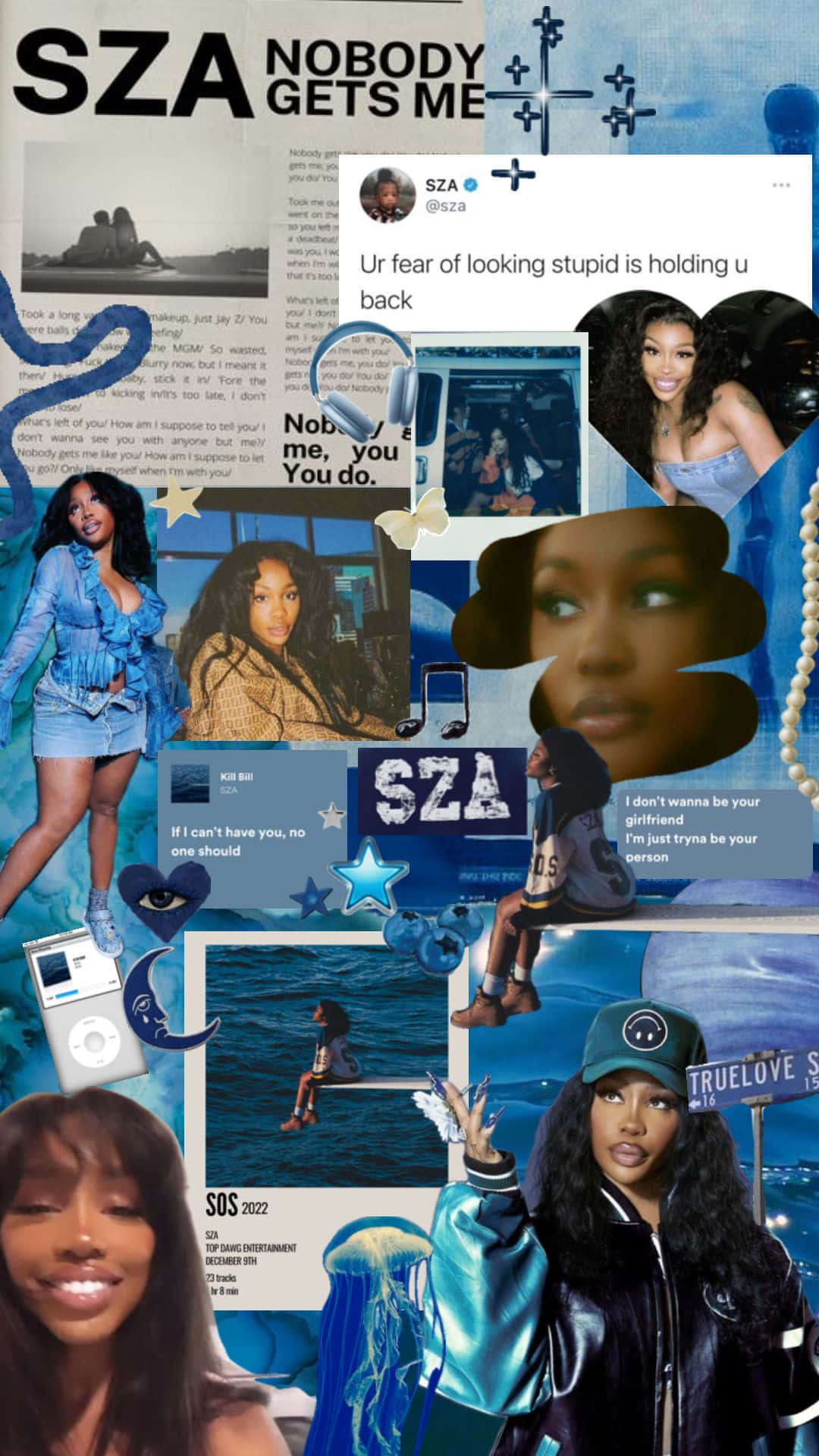 SZA, blue-toned, collage, Full HD Phone Wallpaper