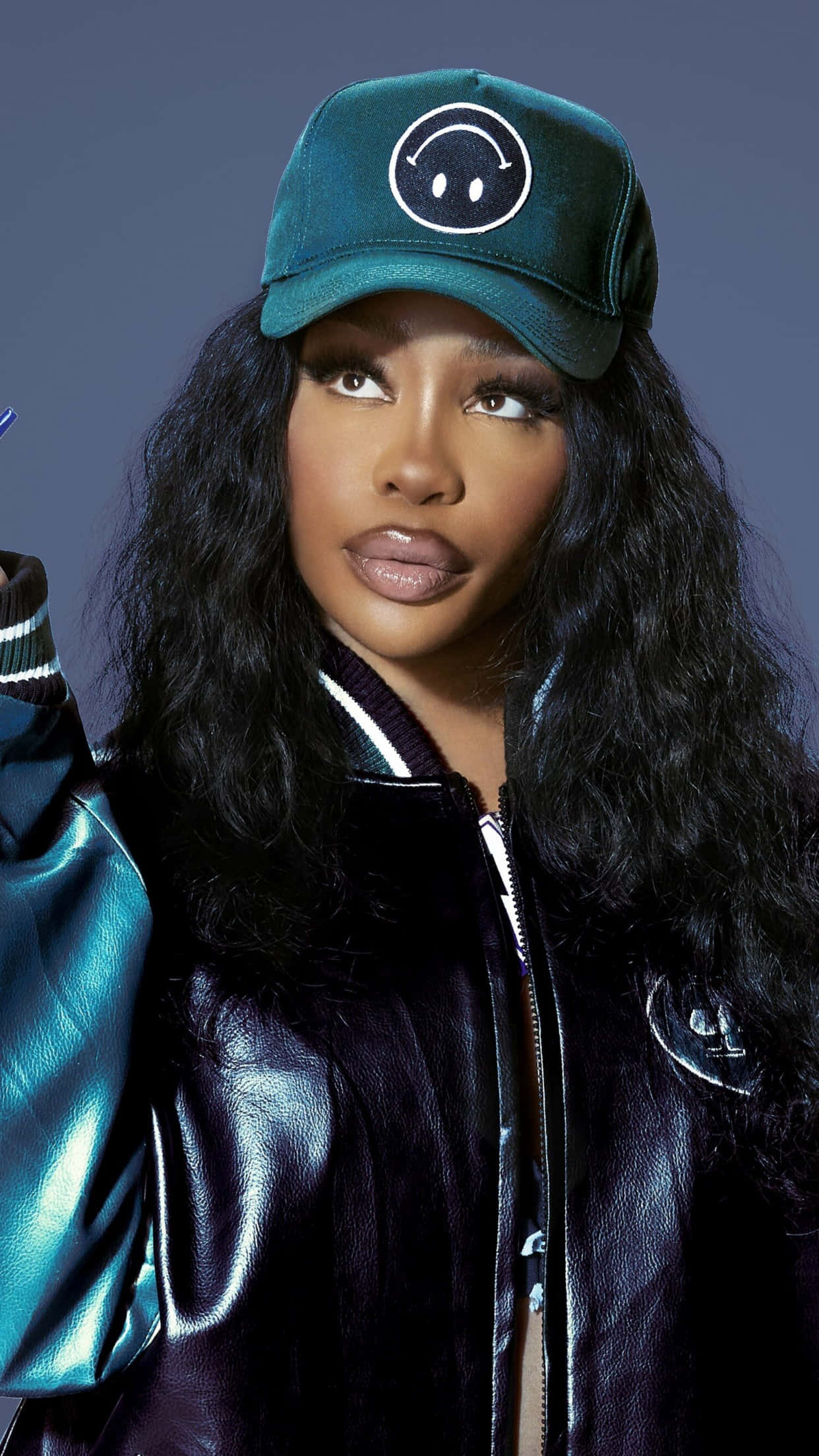 Sza, teal cap, white smiley face, Full HD Phone Wallpaper