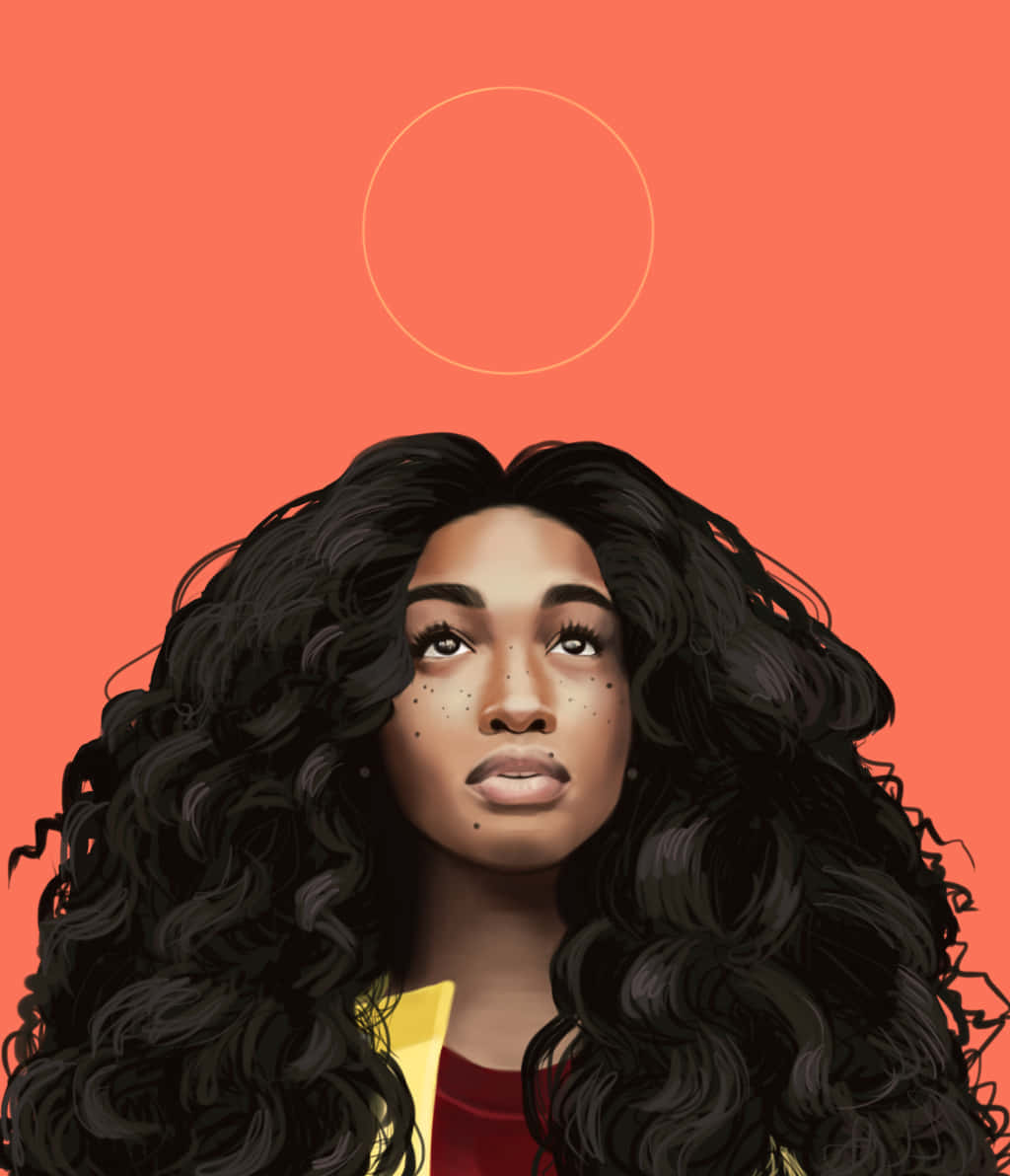 S Z A, voluminous dark curls, solid coral background, SD Phone Wallpaper
