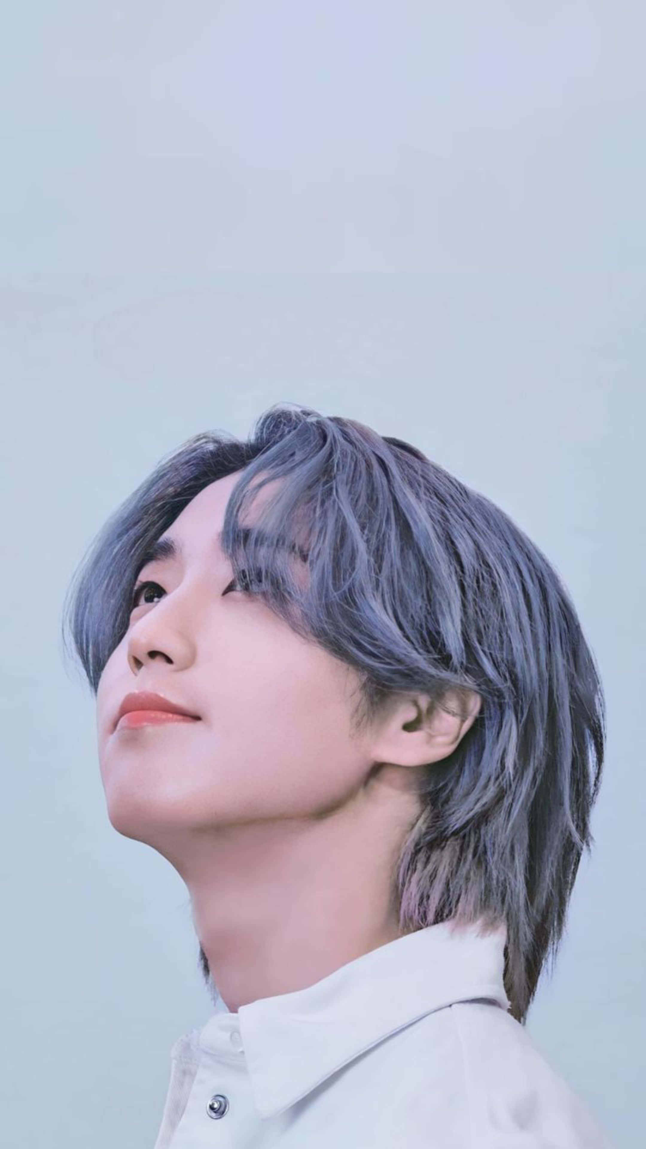 grayish-blue hair, soft pale blue background, white collared shirt, 4K Phone Wallpaper