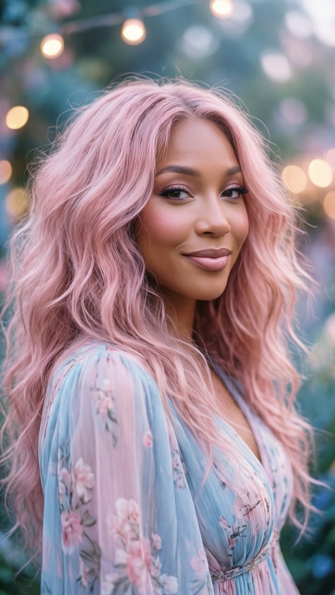 SZA, pink hair, floral blue dress, Full HD Phone Wallpaper