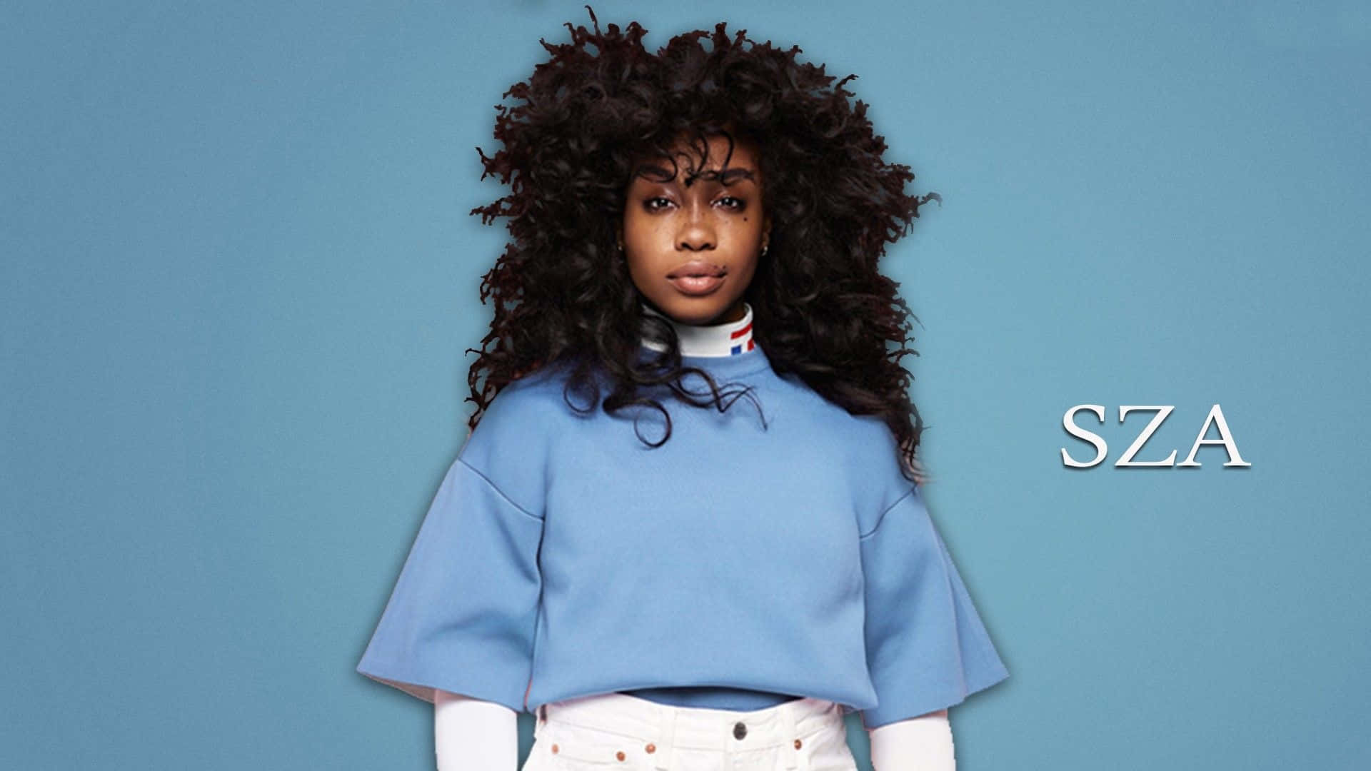 SZA, voluminous dark curls, light blue cropped sweater, Full HD Desktop Wallpaper