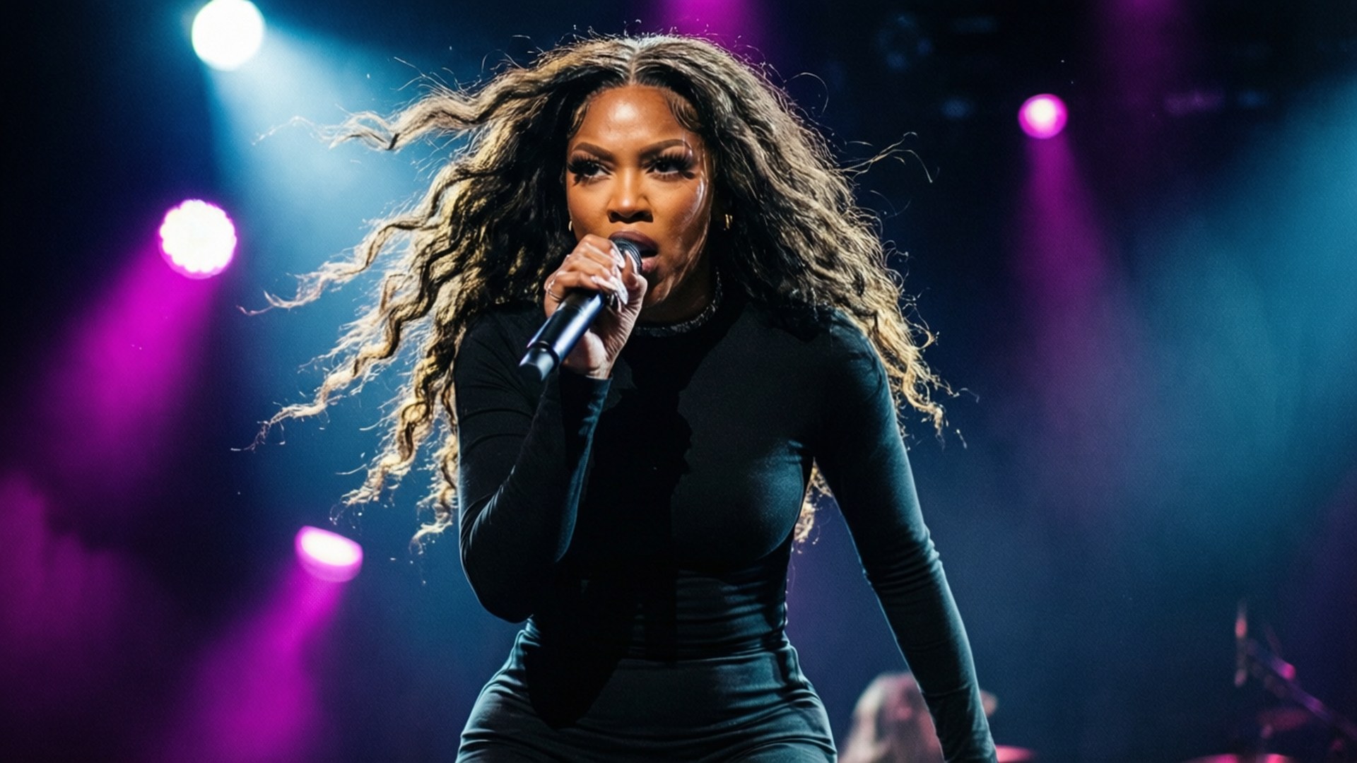 SZA, live in concert, vibrant purple and blue stage lights, Full HD Desktop Wallpaper