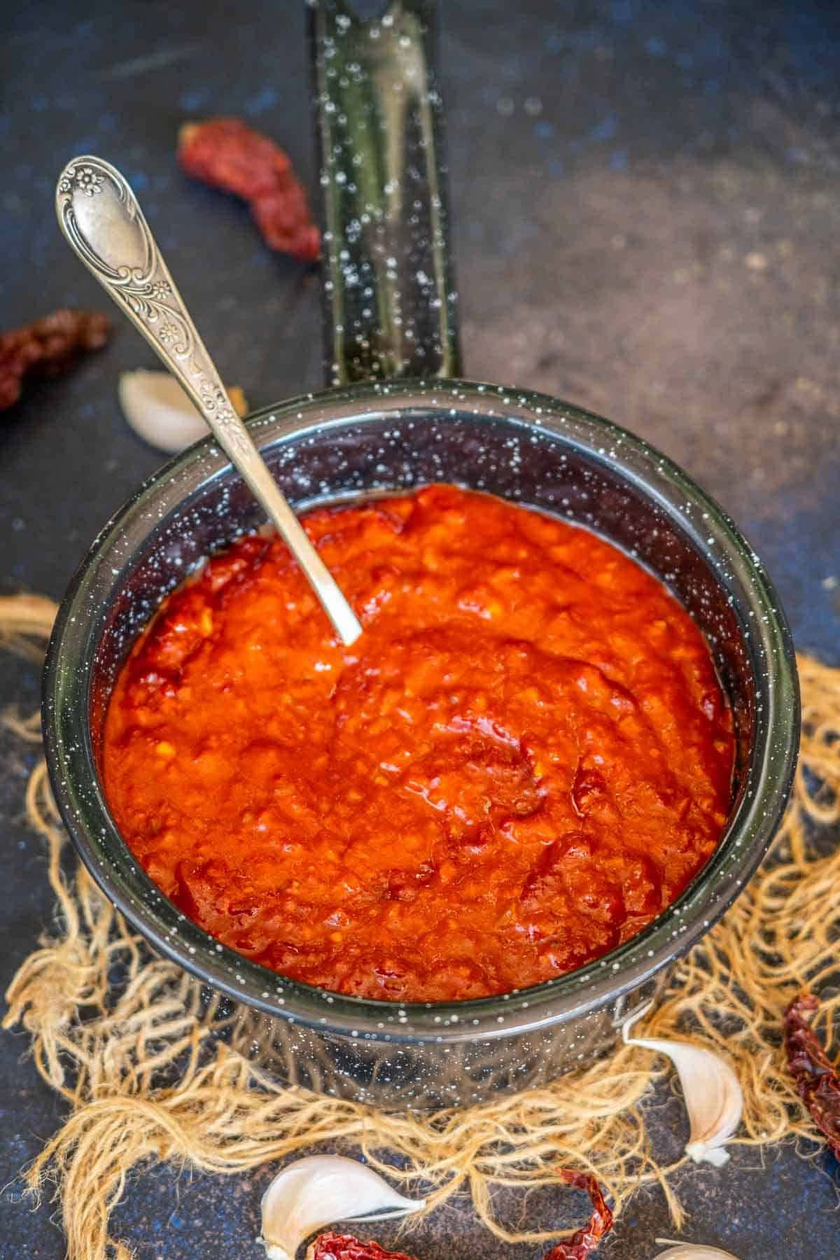 Szechuan Sauce, rustic bowl, vibrant red homemade sauce, HD Phone Wallpaper