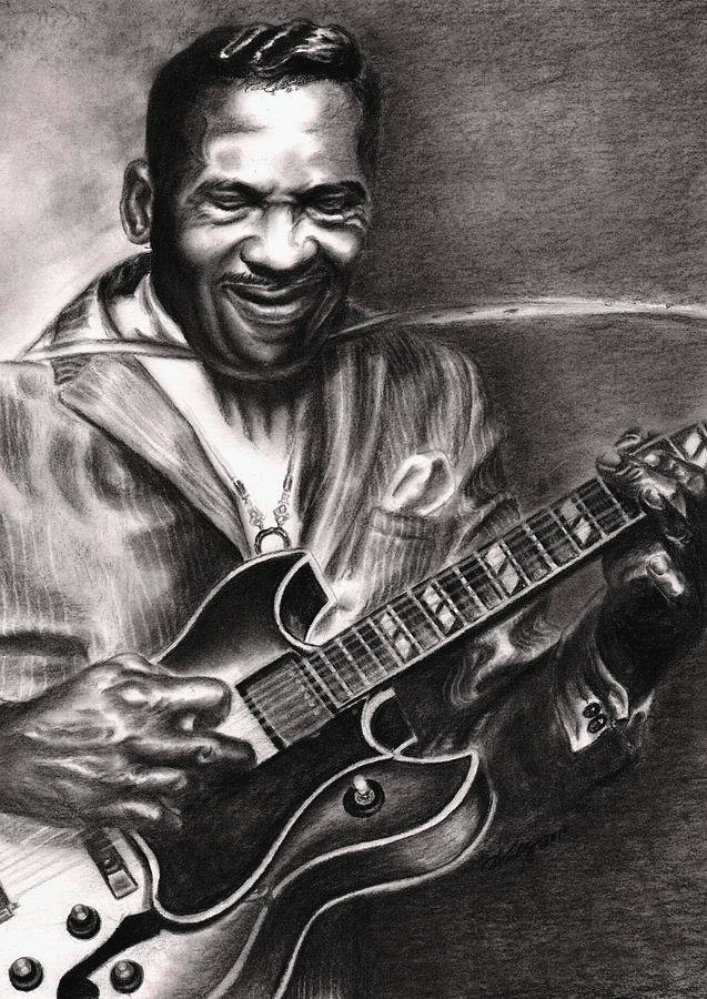 T-Bone Walker, electric guitar, charcoal sketch, SD Phone Wallpaper