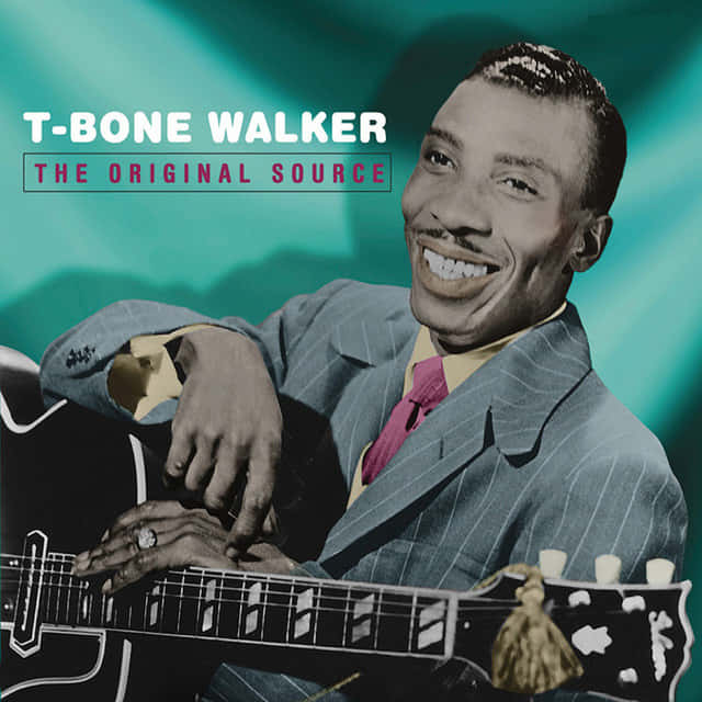 T-Bone Walker, electric guitar, vibrant teal backdrop, SD Desktop Wallpaper