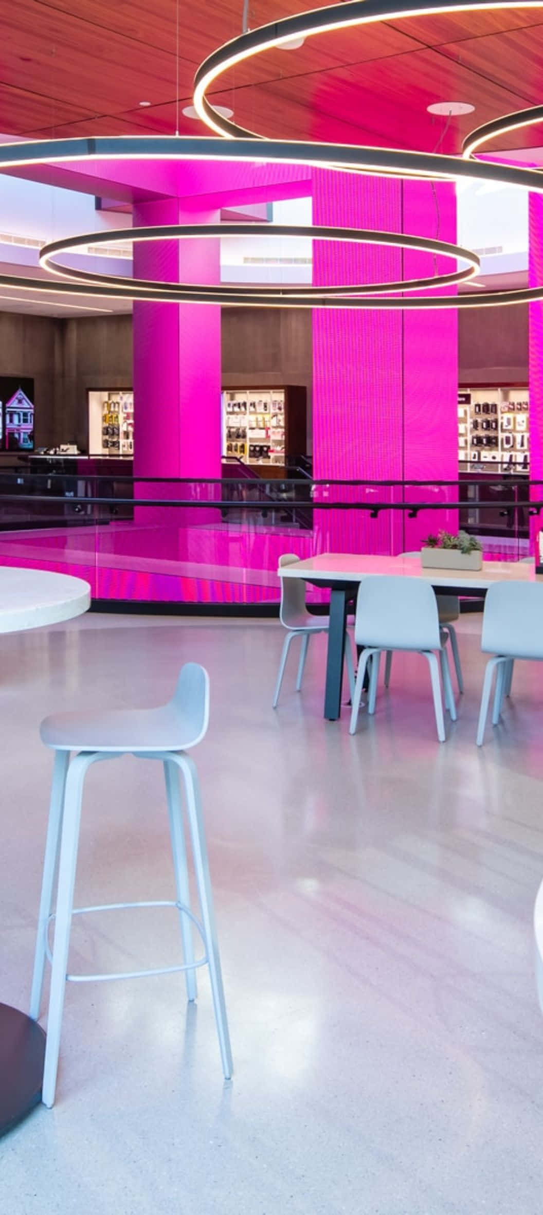 T Mobile, branded store interior, glowing pink circular lights, Full HD Phone Wallpaper