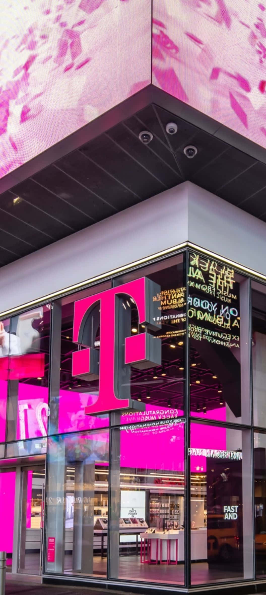 T Mobile, pink branding, glass facade, Full HD Phone Wallpaper