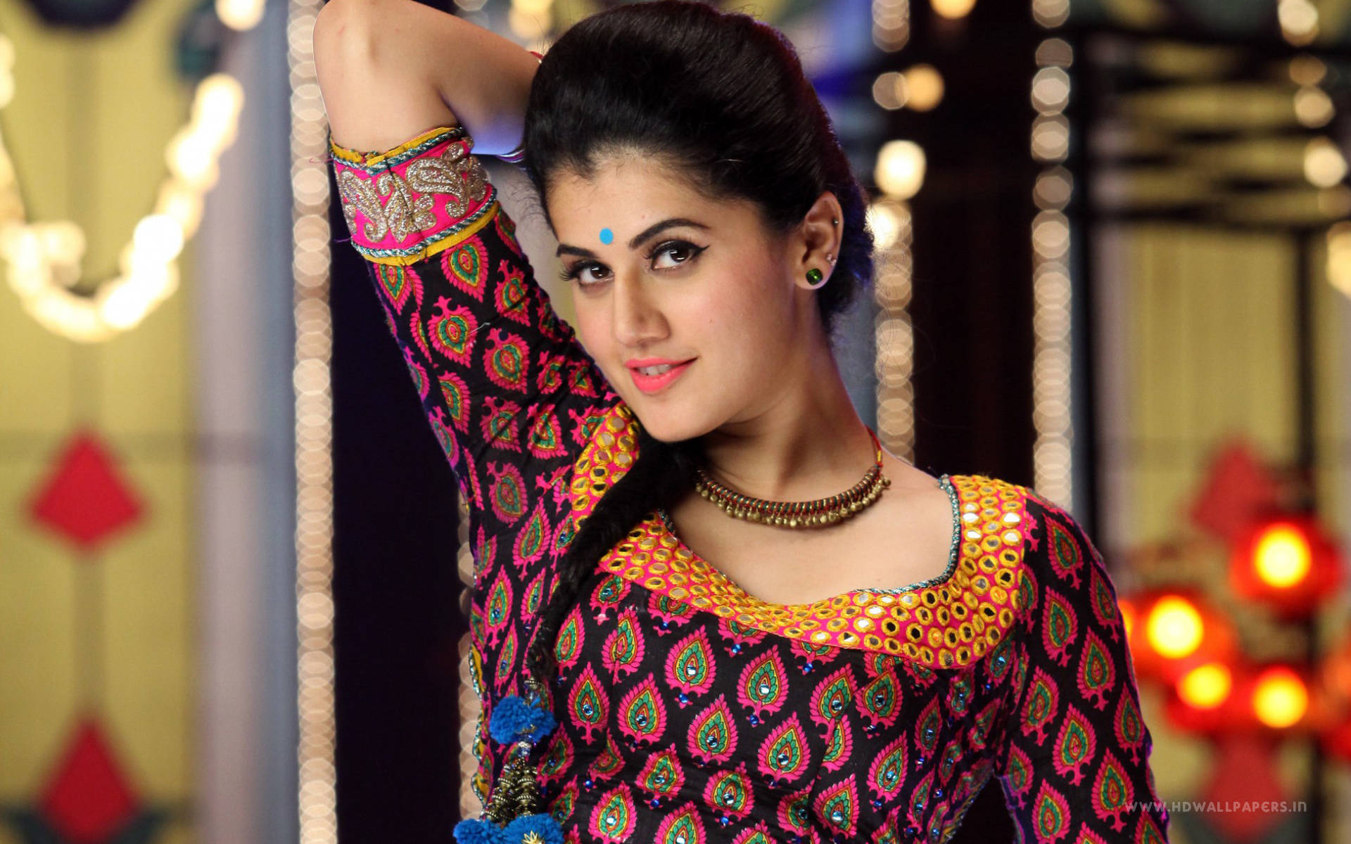 Taapsee Pannu, vibrant traditional attire, bokeh-lit festive backdrop, Full HD Desktop Wallpaper