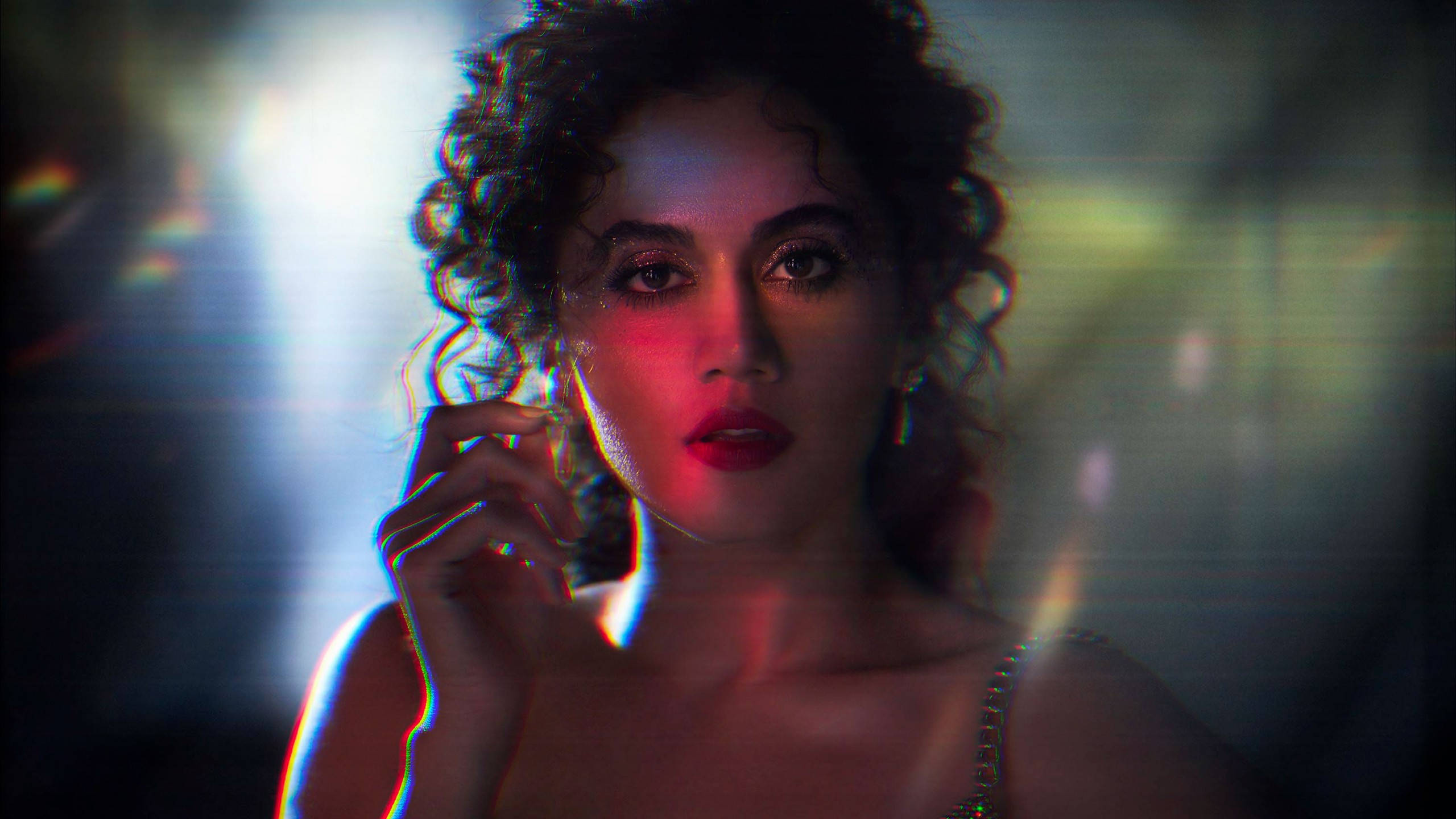Taapsee Pannu, curly hair, dramatic red and blue lighting, 2K Desktop Wallpaper