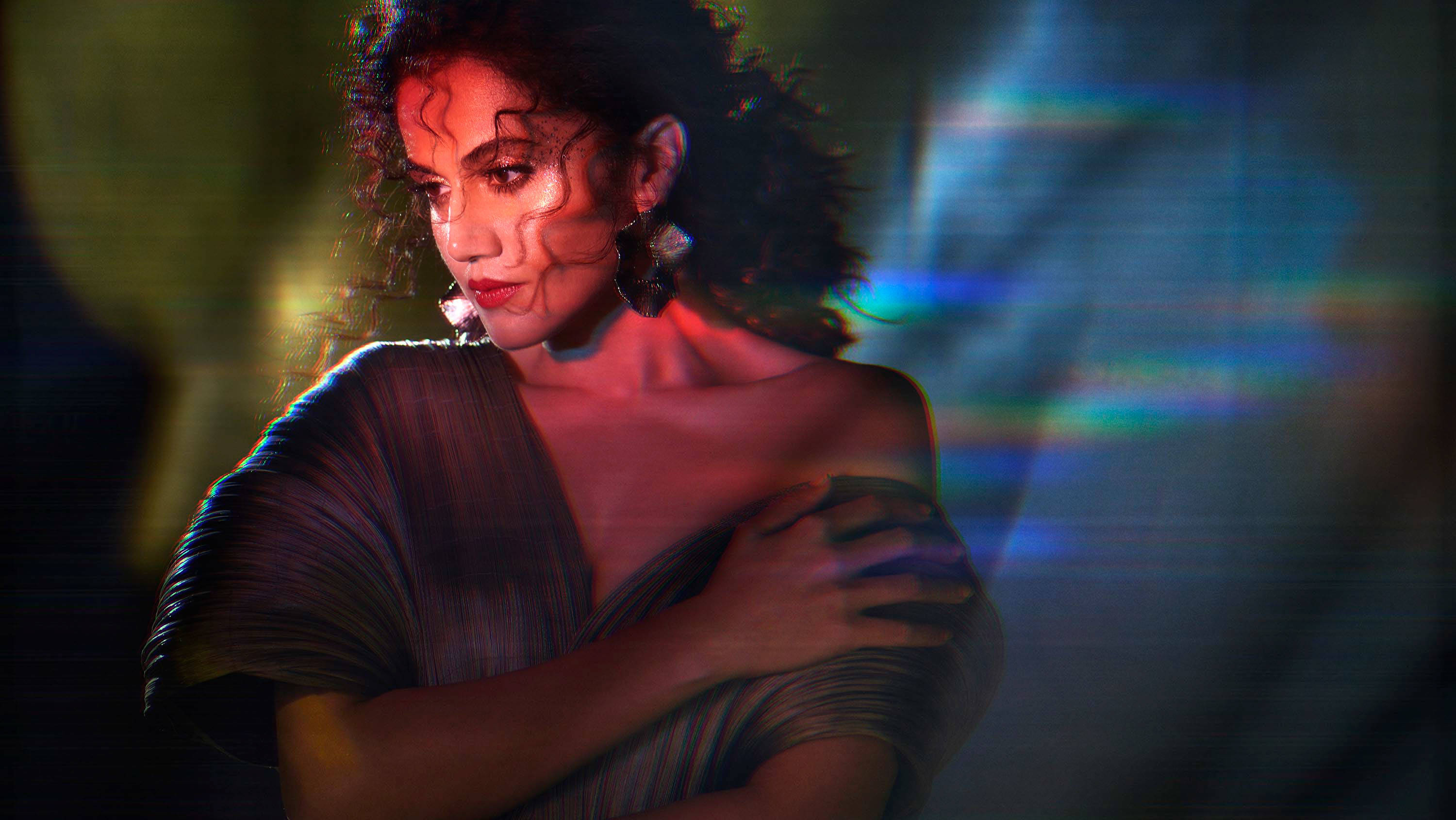 Taapsee Pannu, curly hair, dramatic red and blue lighting, 2K Desktop Wallpaper