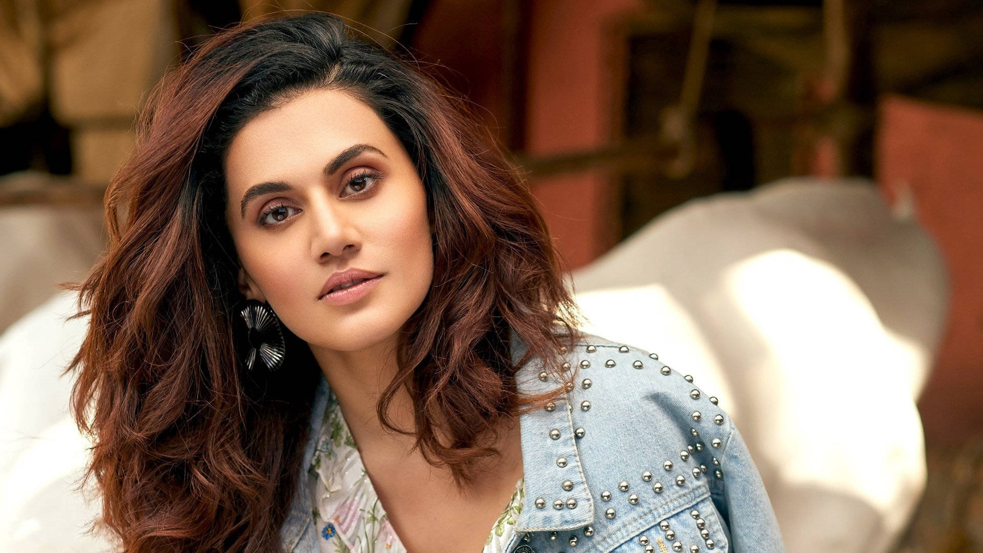Taapsee Pannu, wavy brown hair, studded denim jacket, Full HD Desktop Wallpaper