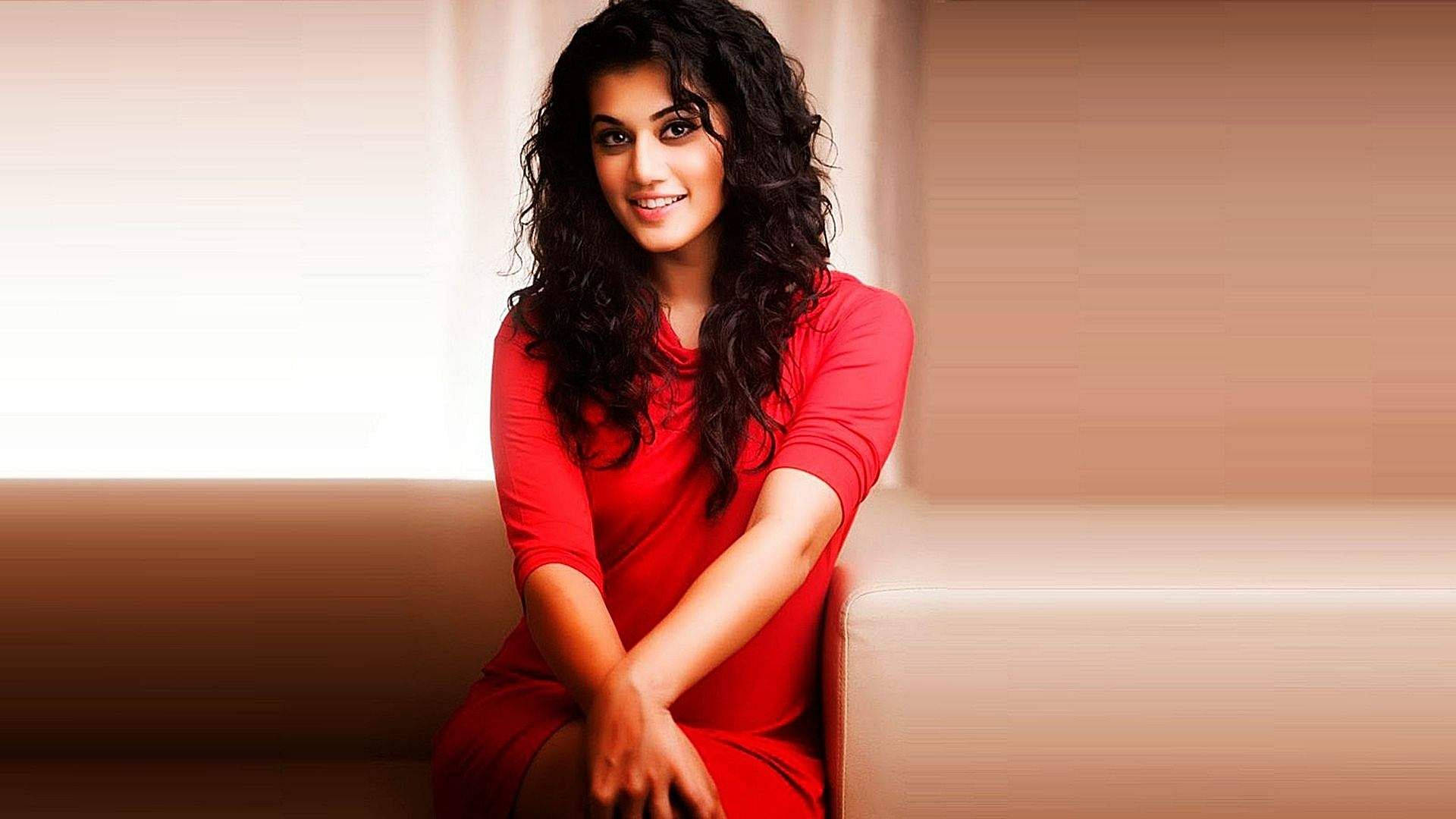 Taapsee Pannu, red dress, dark curly hair, Full HD Desktop Wallpaper