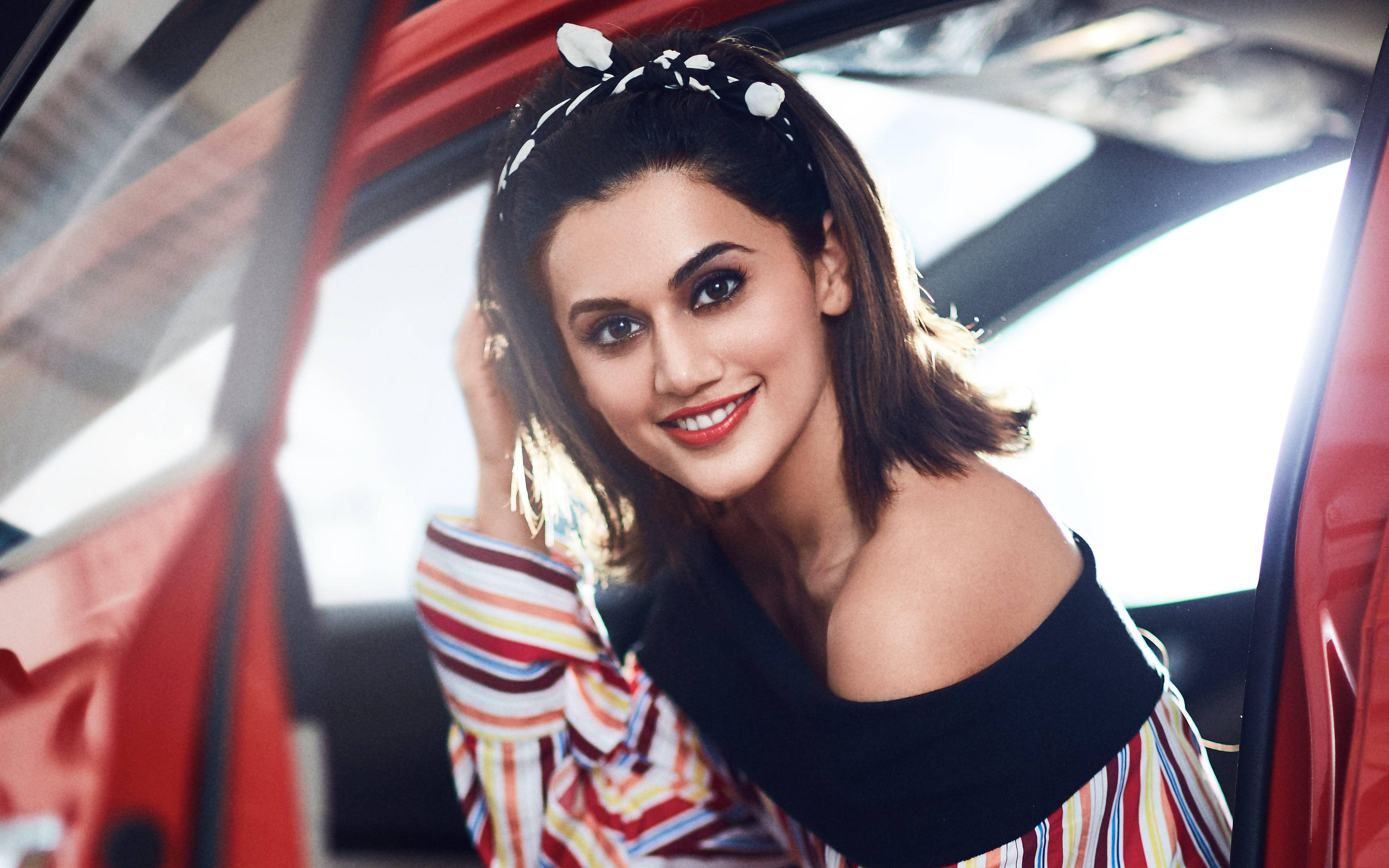 Taapsee Pannu, white polka dot headband, red car door, 4K Desktop Wallpaper