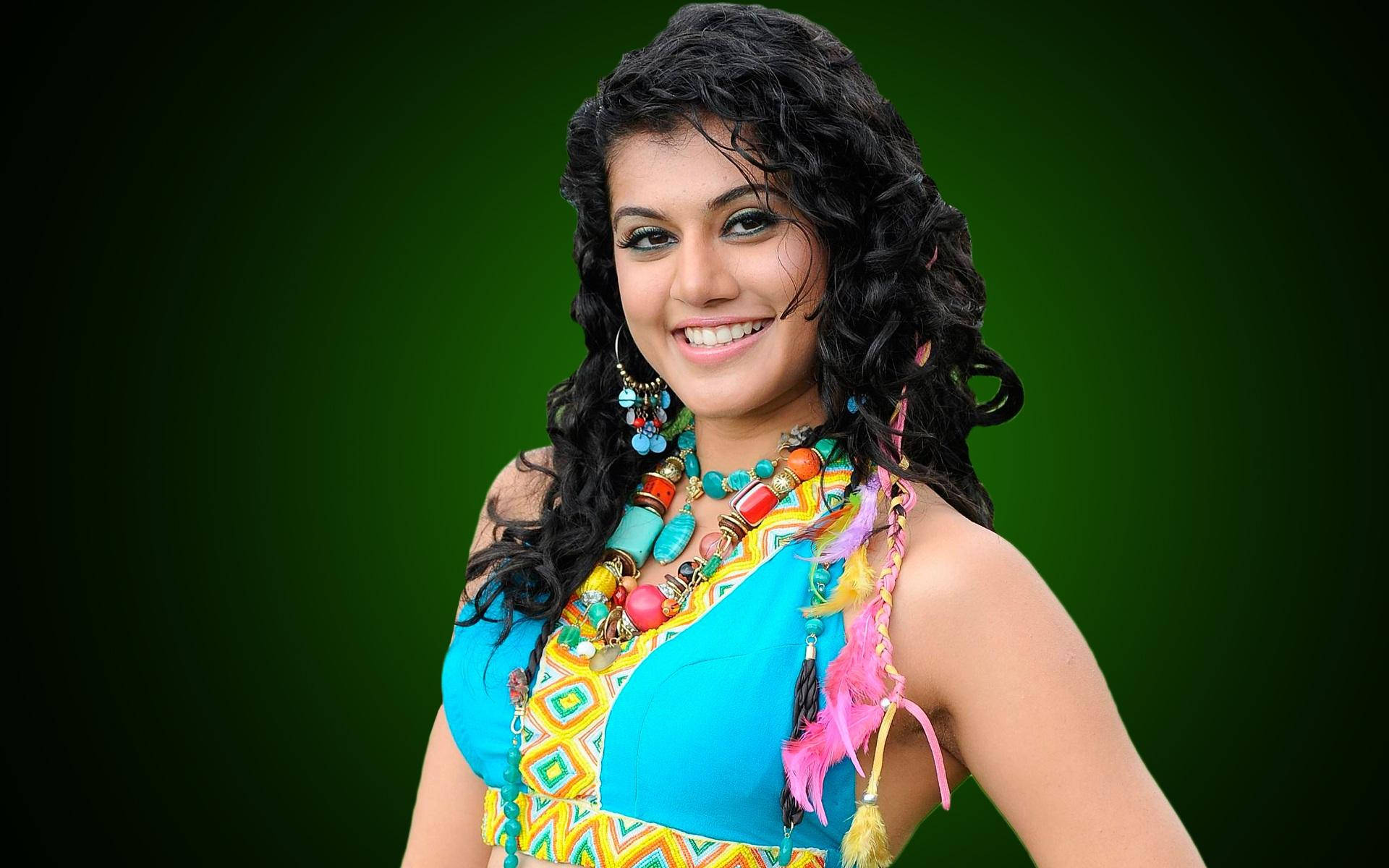 Taapsee Pannu, curly hair, colorful patterned top, Full HD Desktop Wallpaper