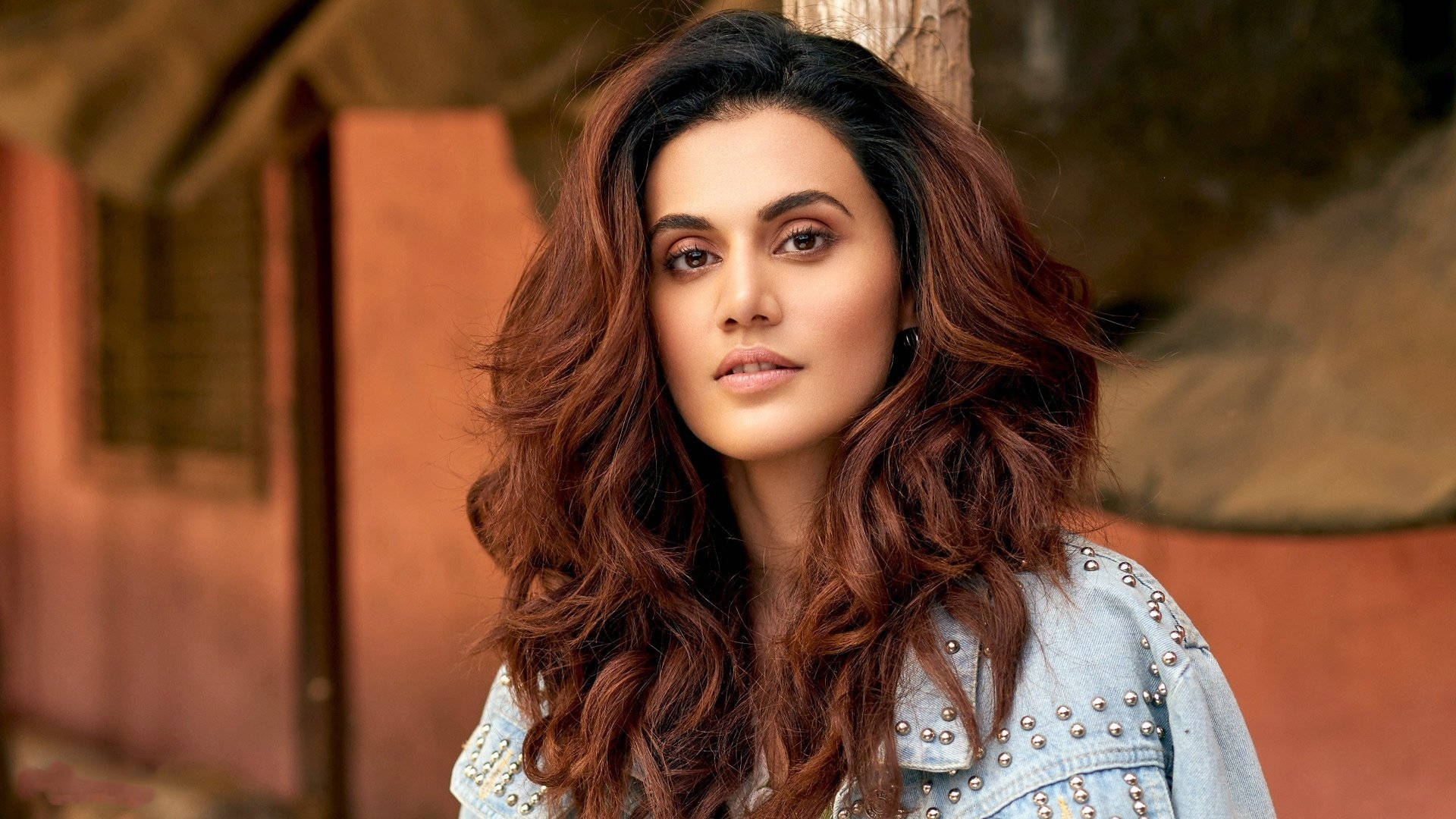 Taapsee Pannu, long wavy brown hair, studded denim jacket, Full HD Desktop Wallpaper