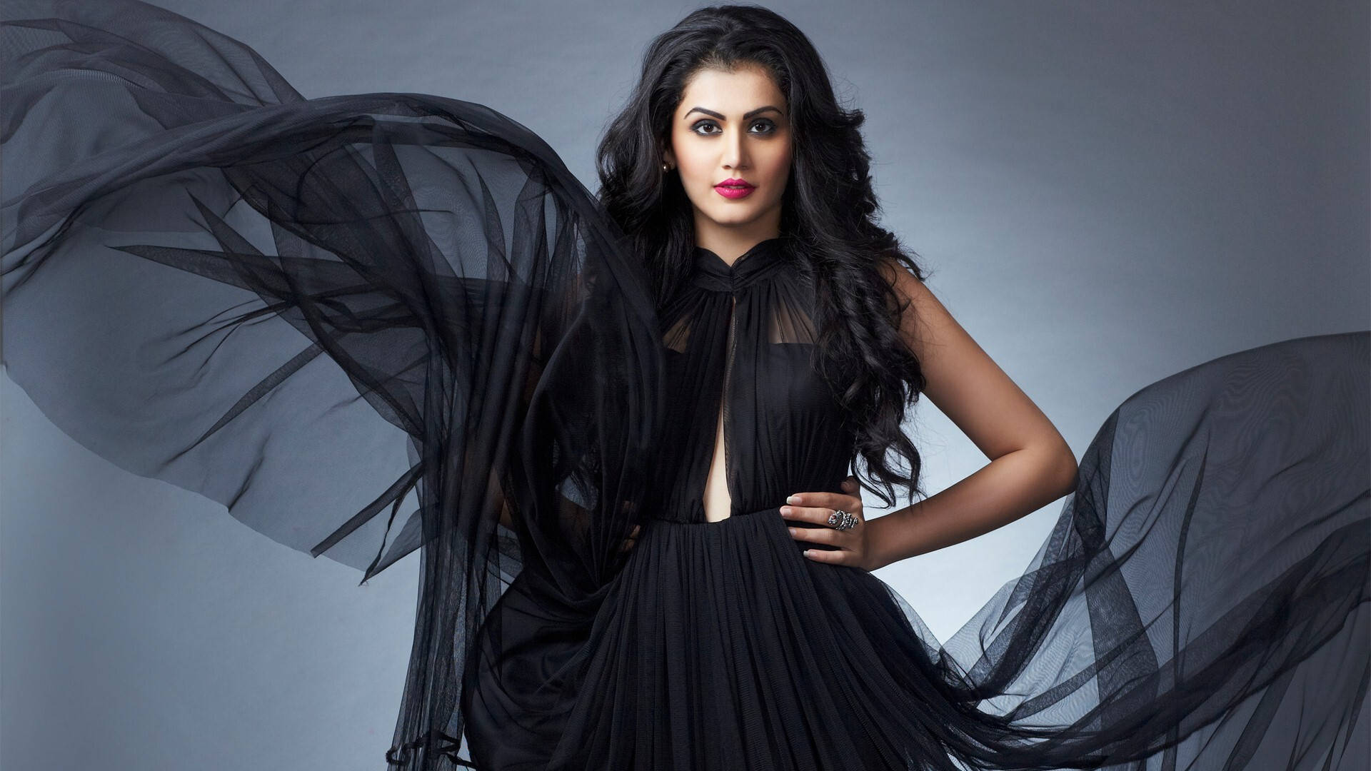 Taapsee Pannu, black evening gown, flowing black gown, Full HD Desktop Wallpaper