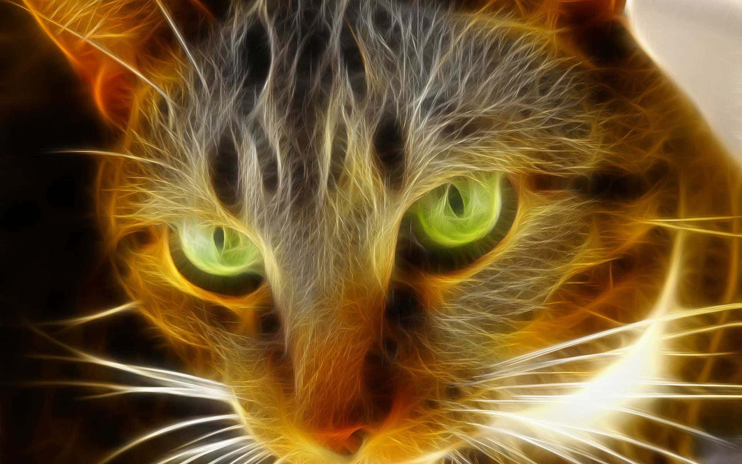 glowing green eyes, electric orange fur, fiery abstract cat, 2K Desktop Wallpaper