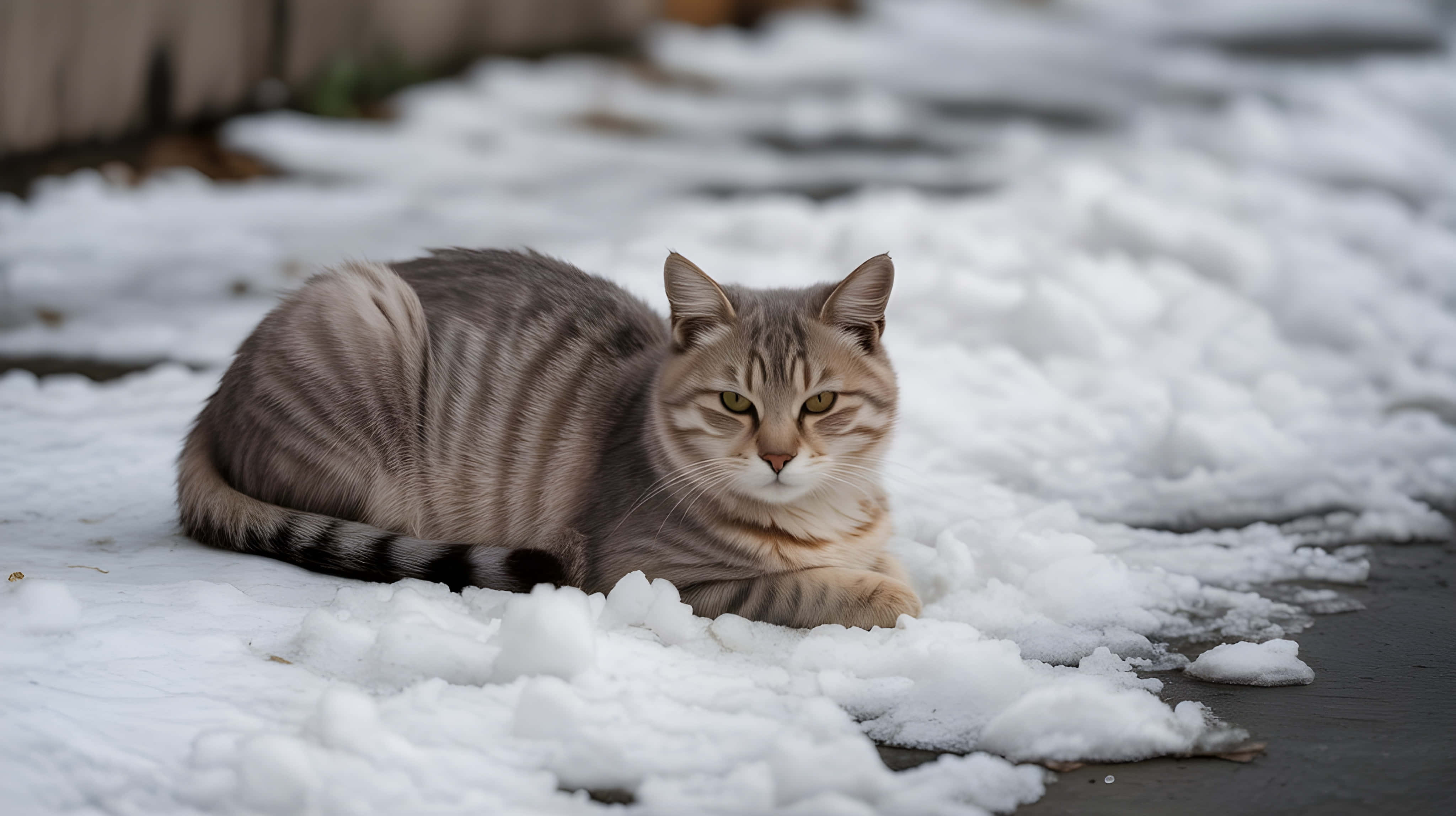 tabby cat, gray stripes, winter snow, 4K Desktop Wallpaper