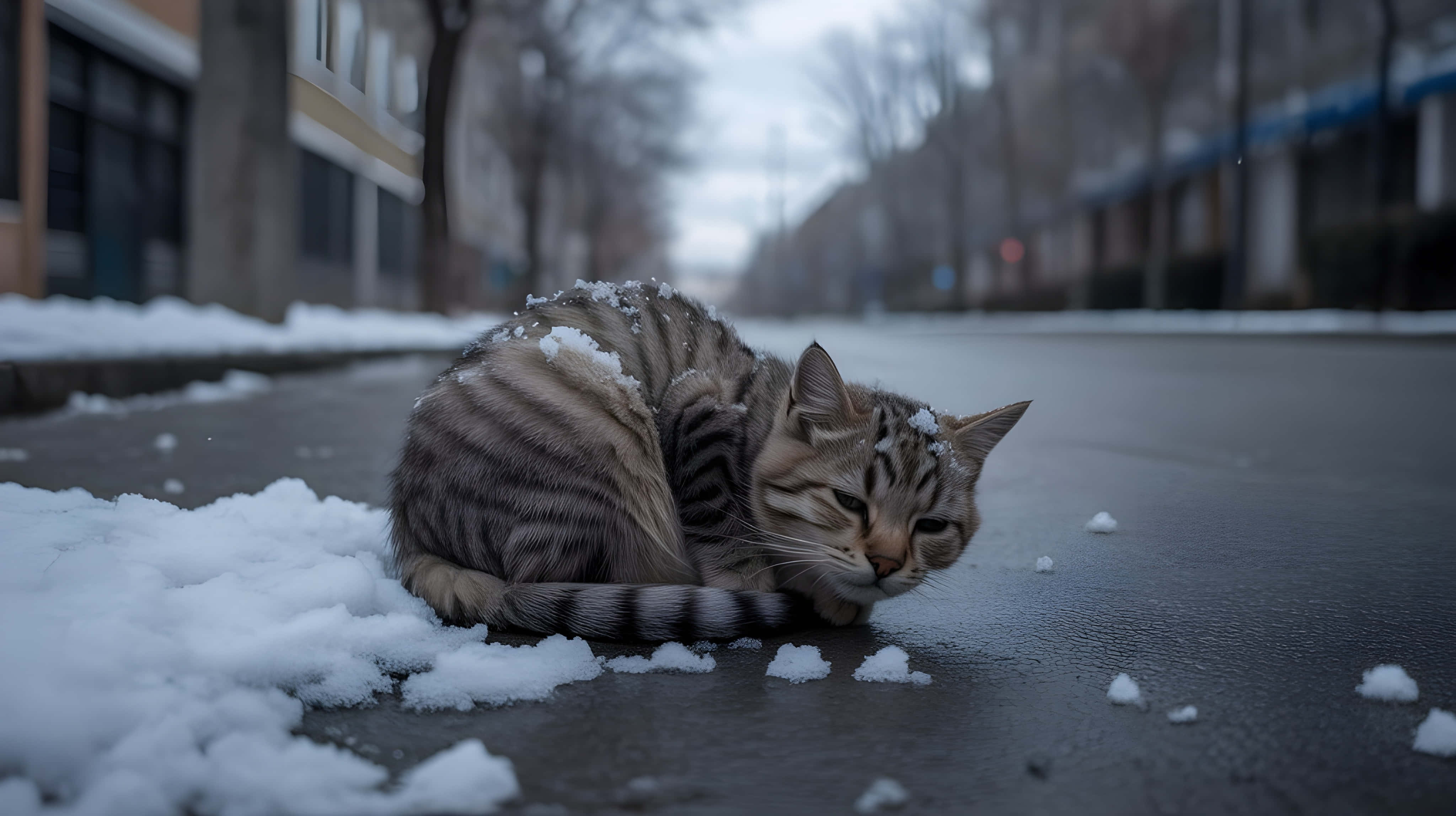 tabby cat, snow on its back, snowy sidewalk, 4K Desktop Wallpaper