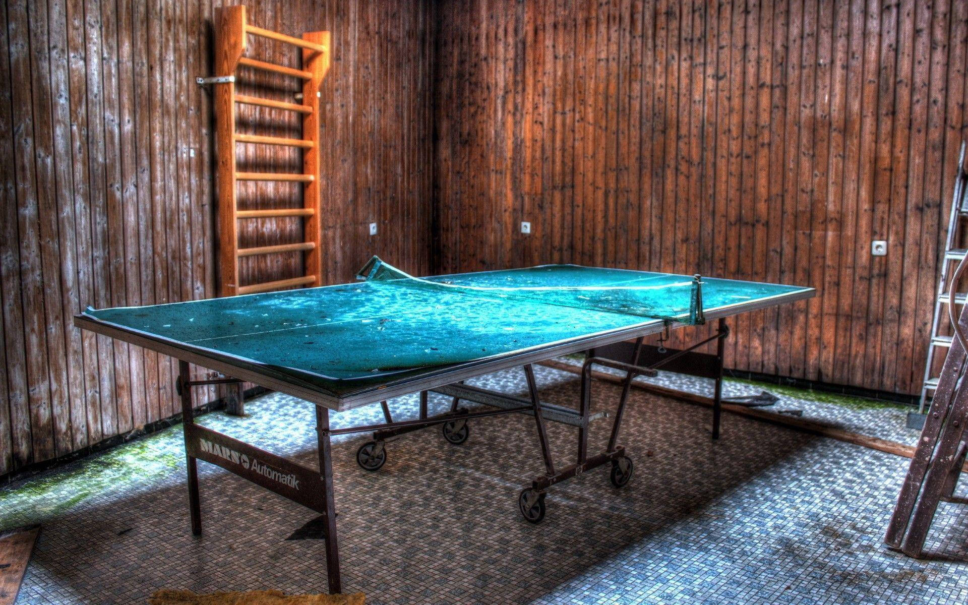 teal ping pong table, wheels, rustic wooden room, Full HD Desktop Wallpaper