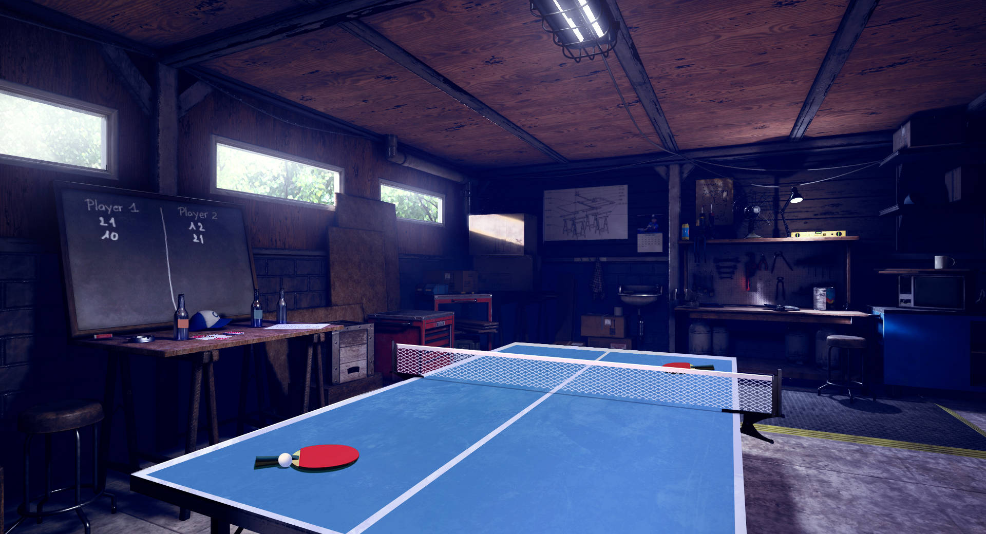 blue ping pong table, wooden basement room, fluorescent lights, Full HD Desktop Wallpaper