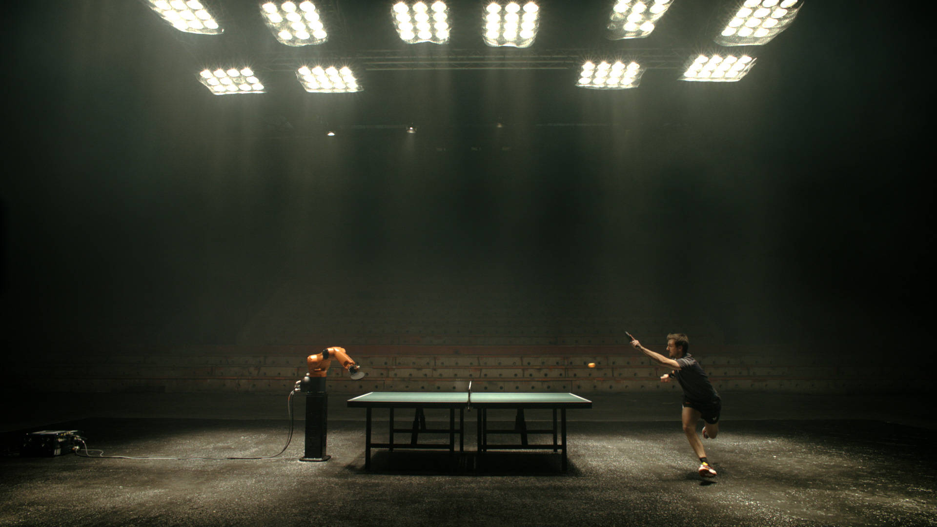 robotic table tennis game, high-tech robotic ping pong match, robotic opponent, Full HD Desktop Wallpaper