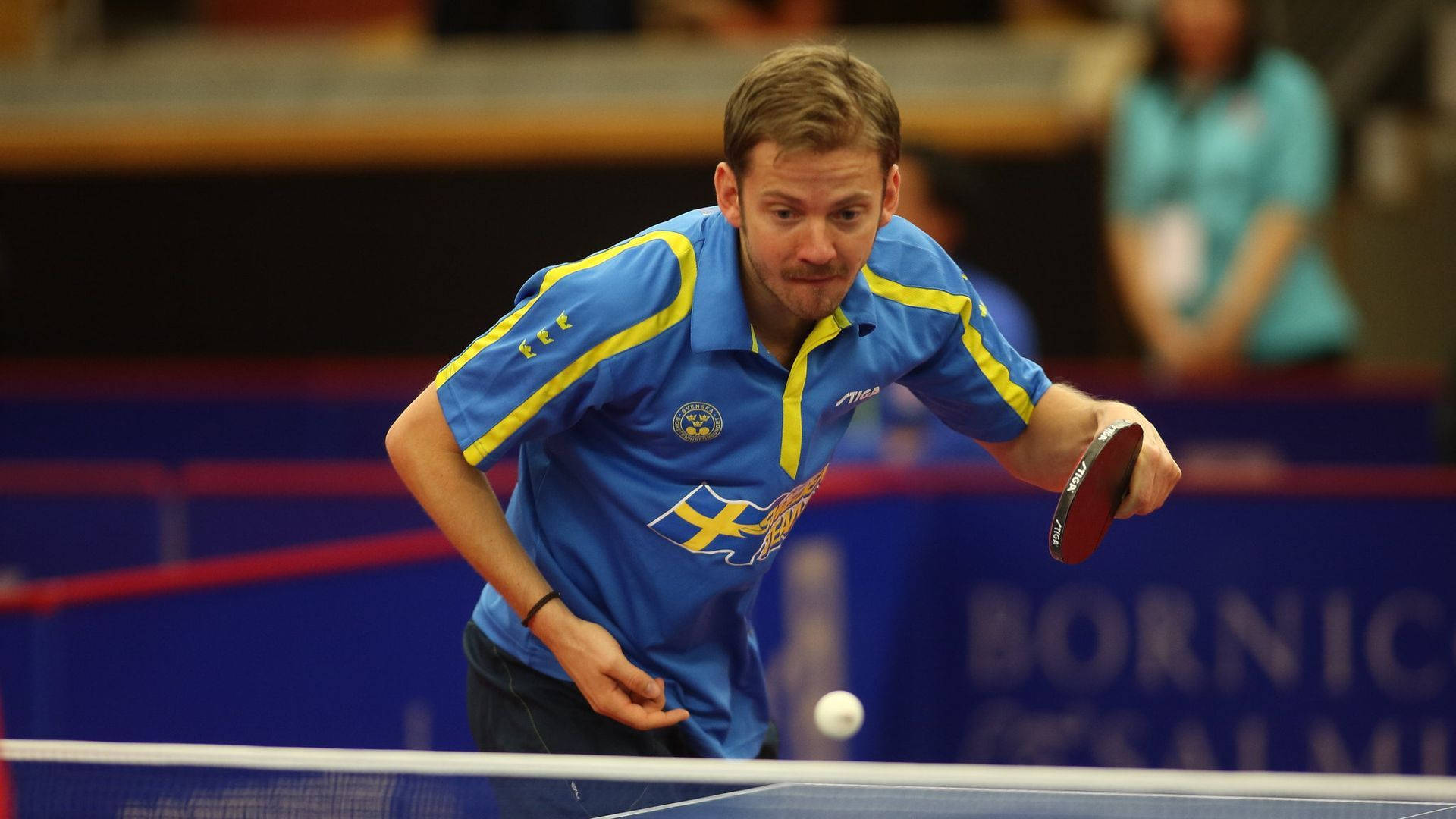 table tennis, blue and yellow jersey, indoor match, Full HD Desktop Wallpaper