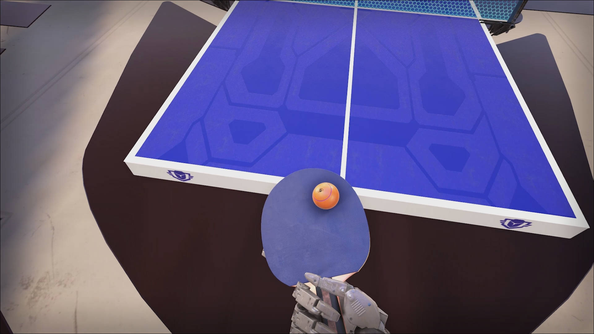 robotic hand, paddle, orange ball, Full HD Desktop Wallpaper