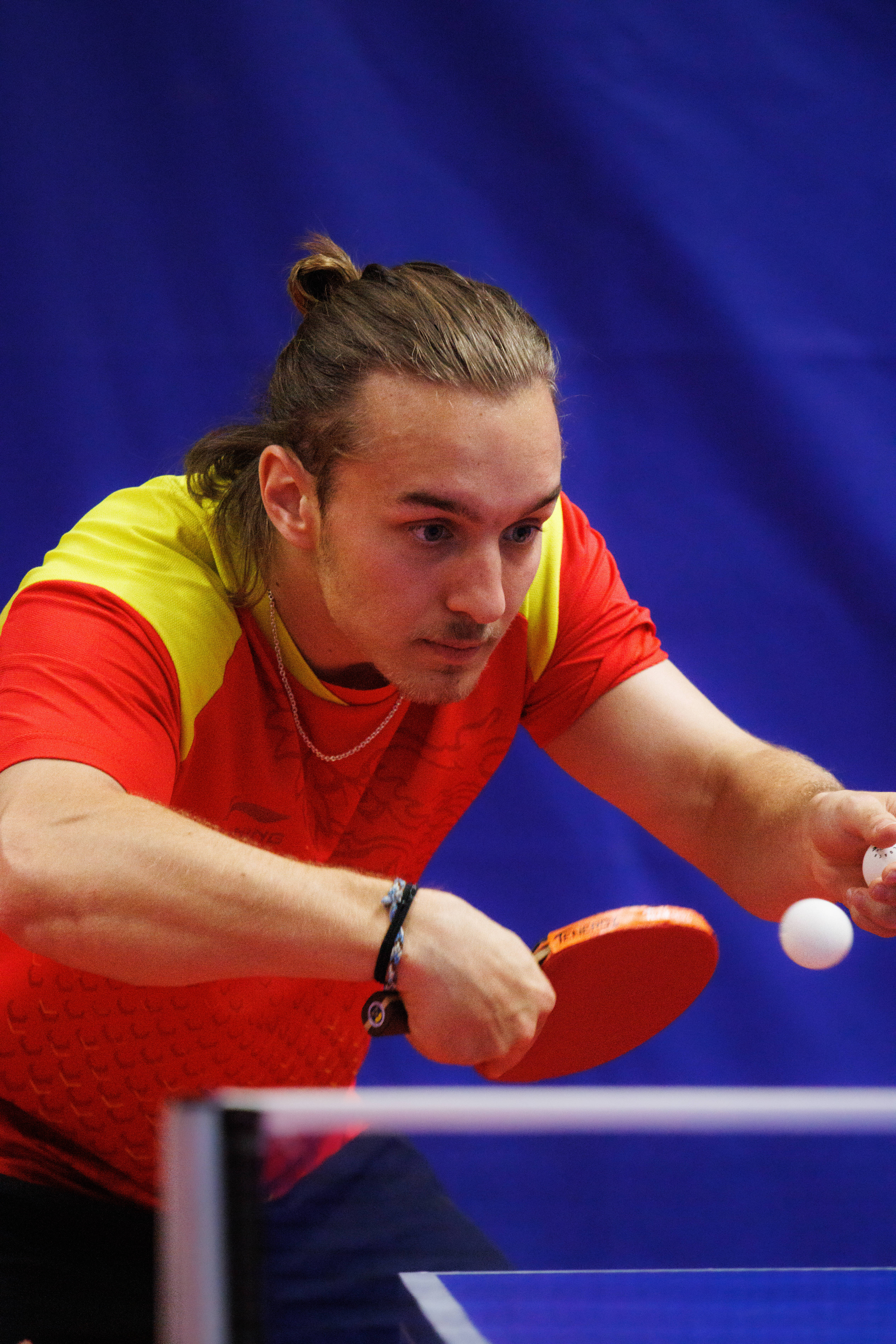 table tennis, red and yellow shirt, white ball, 5K Phone Wallpaper