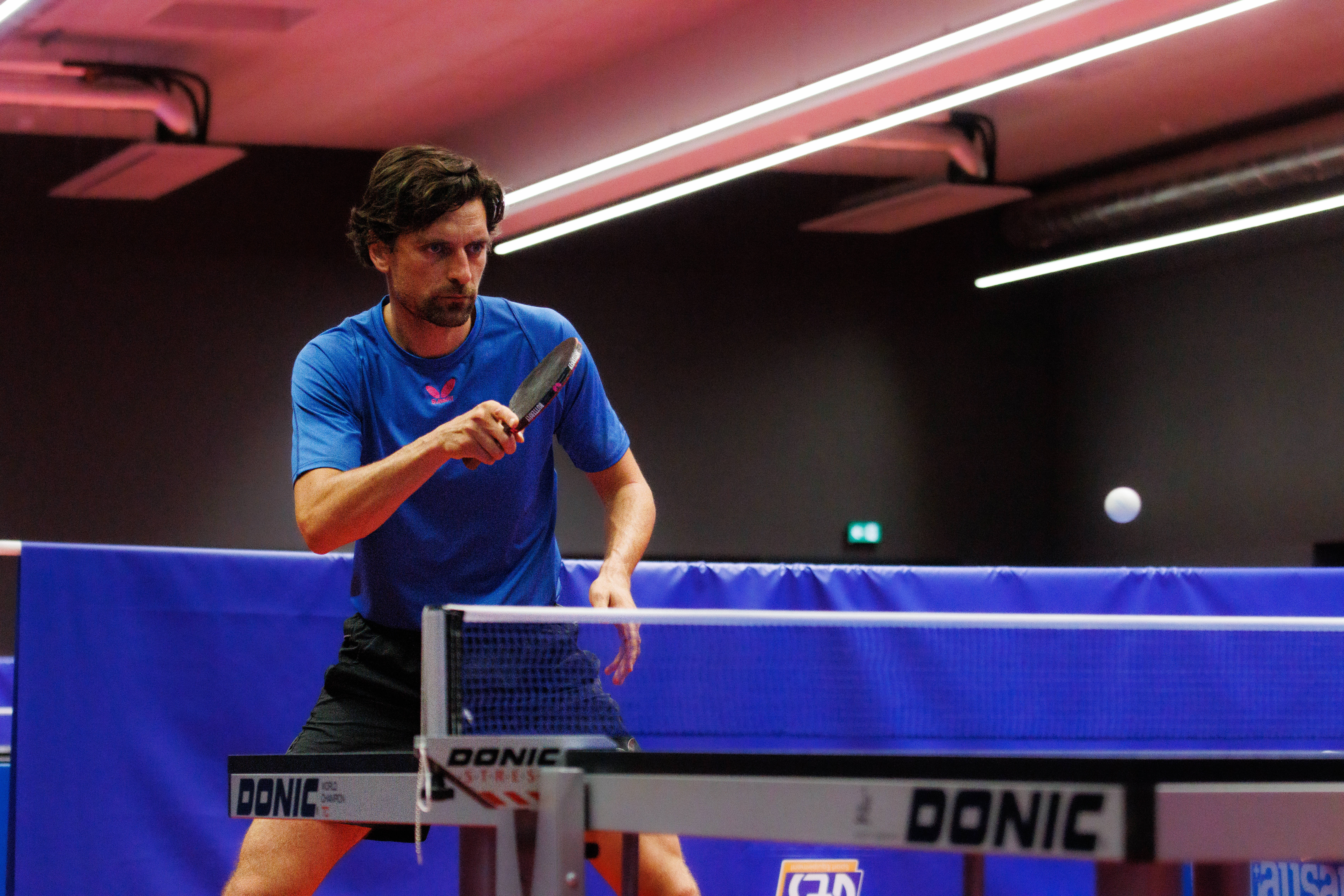 table tennis, blue shirt, indoor match, 5K Desktop Wallpaper