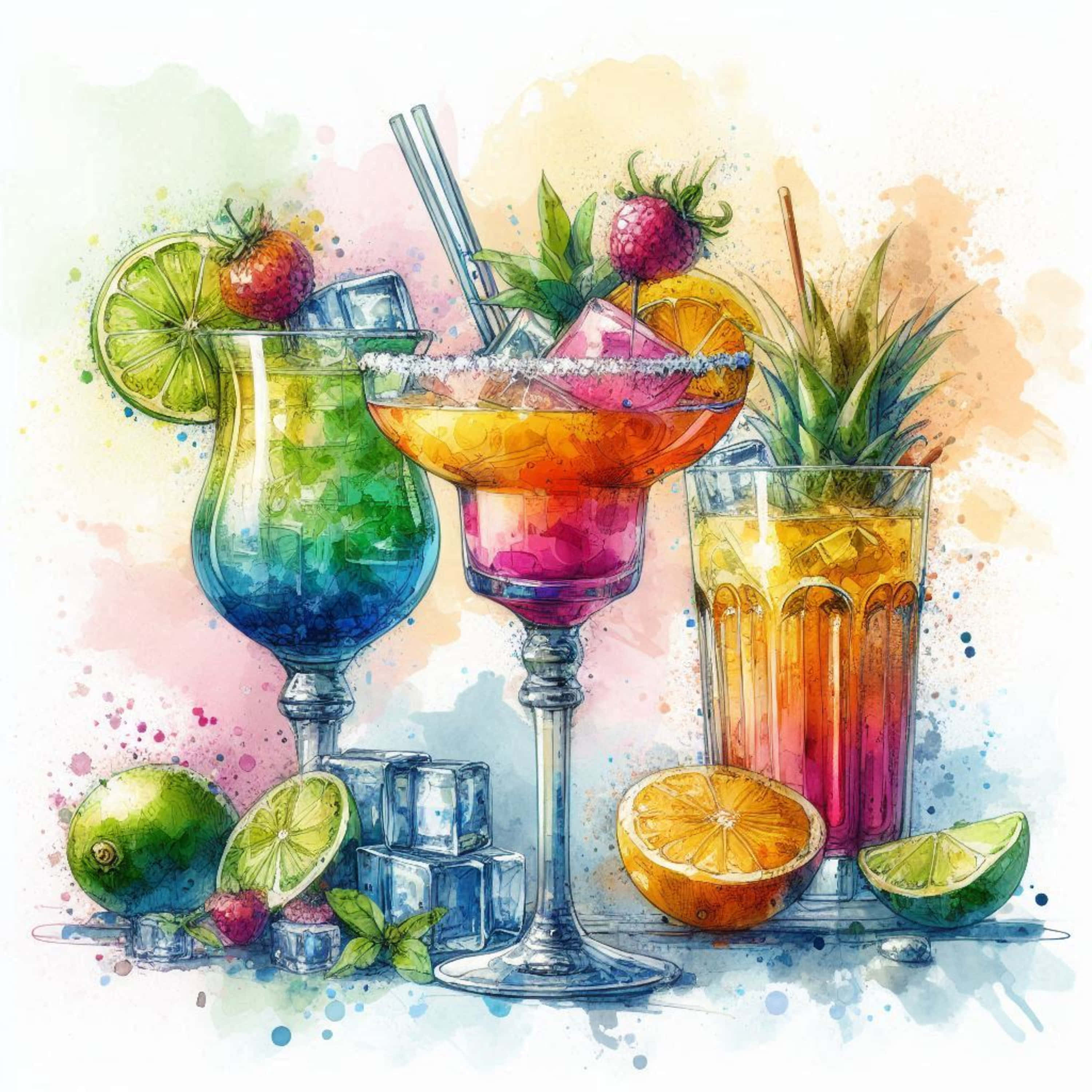cocktail, table, watercolor style, 2K Desktop Wallpaper