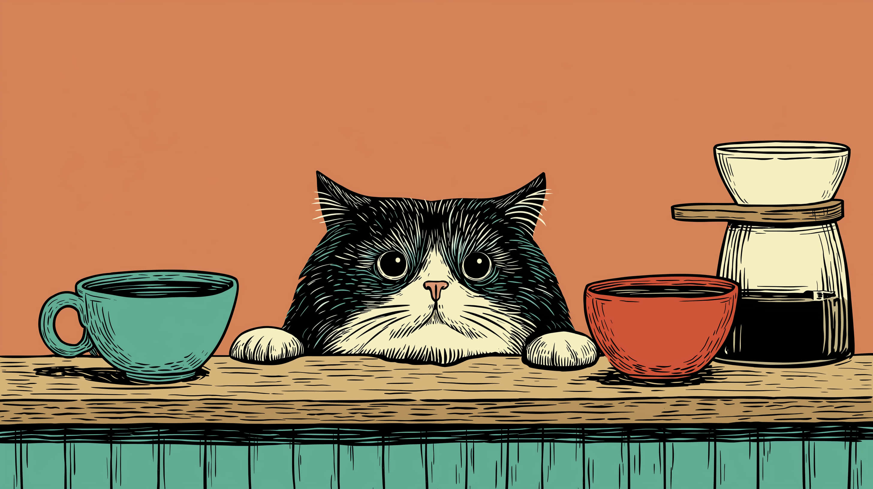 chubby cat, wooden counter, teal cup, 2K Desktop Wallpaper