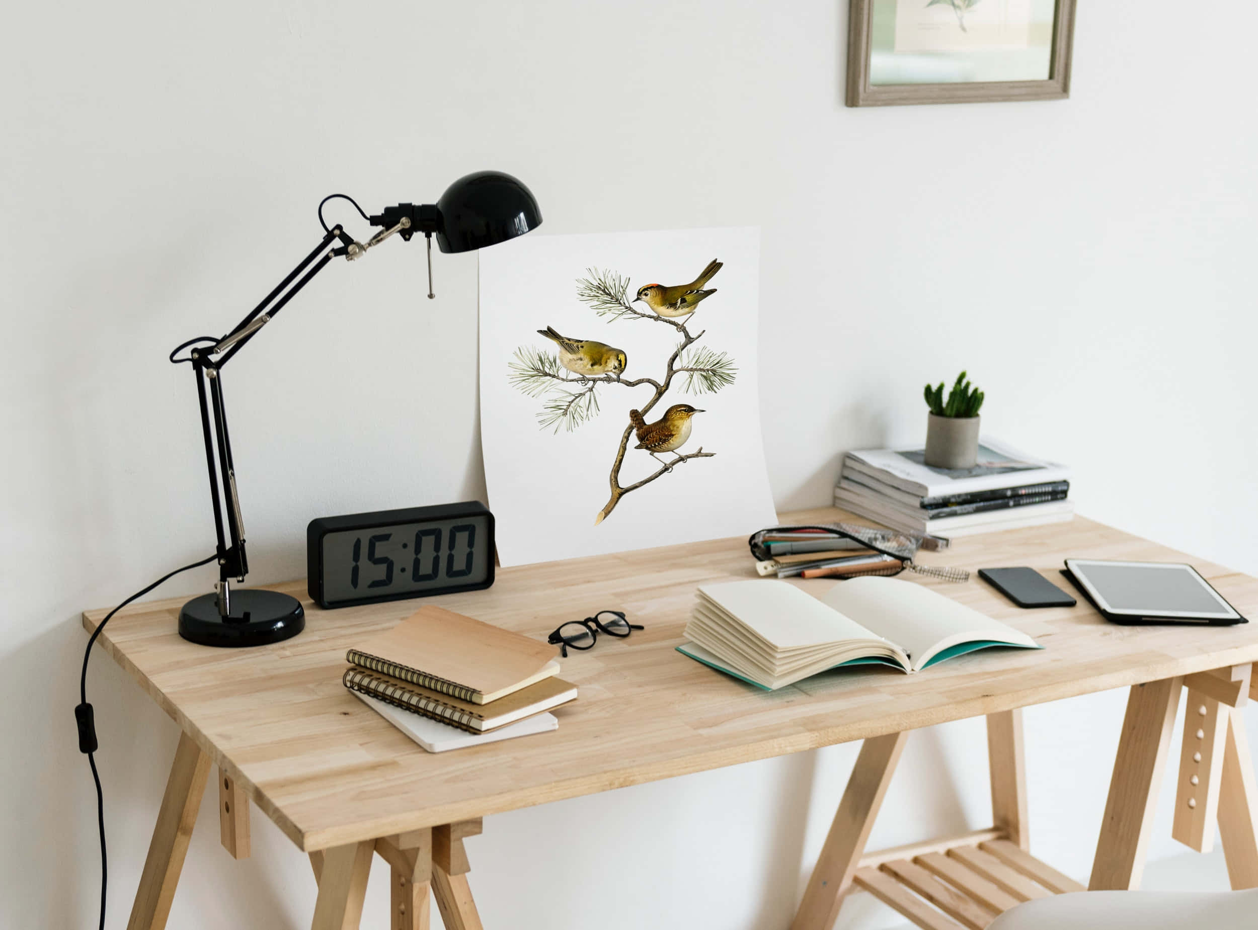 modern work desk, bird illustration poster, black lamp digital clock, Full HD Desktop Wallpaper